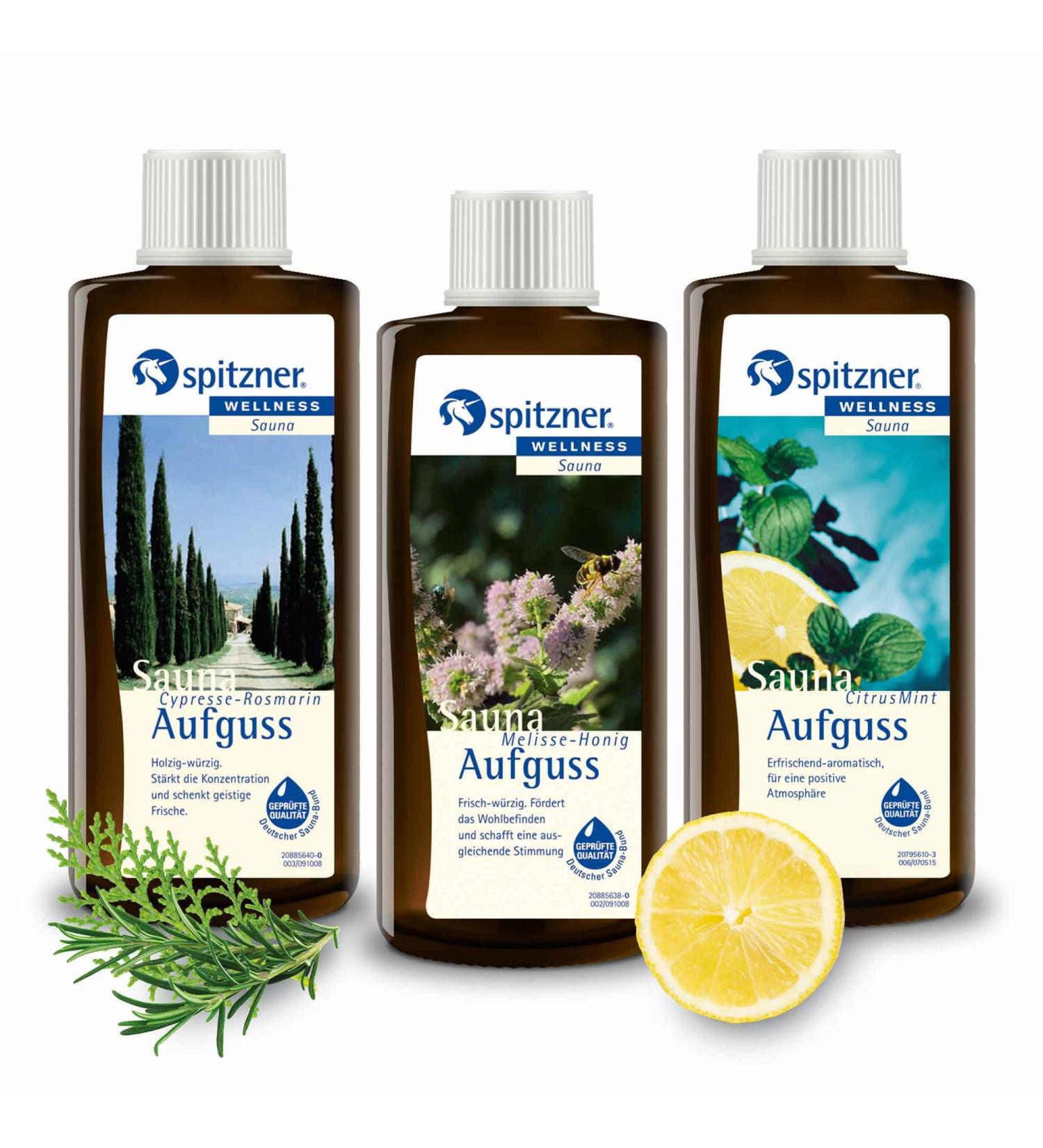 Buy Spitzner Sauna Infusion Set Body & Mind (3 x 190 ml) | Wellness Sauna Oils - Cypress Rosemary Lemon-Honey Citrus-Mint - International Shipping - Buy Online on GoSupps.com