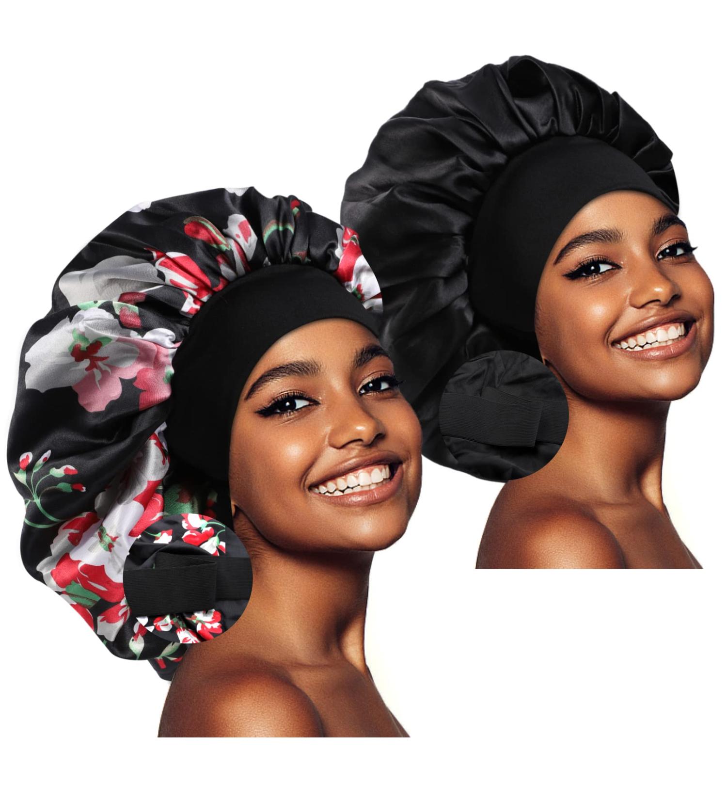Satin Bonnet Set for Curly Hair | 2 Large Silk Sleep Caps for Women - Black & Black Flower | Hair Care for Braids and Long Hair - Buy Online on GoSupps.com