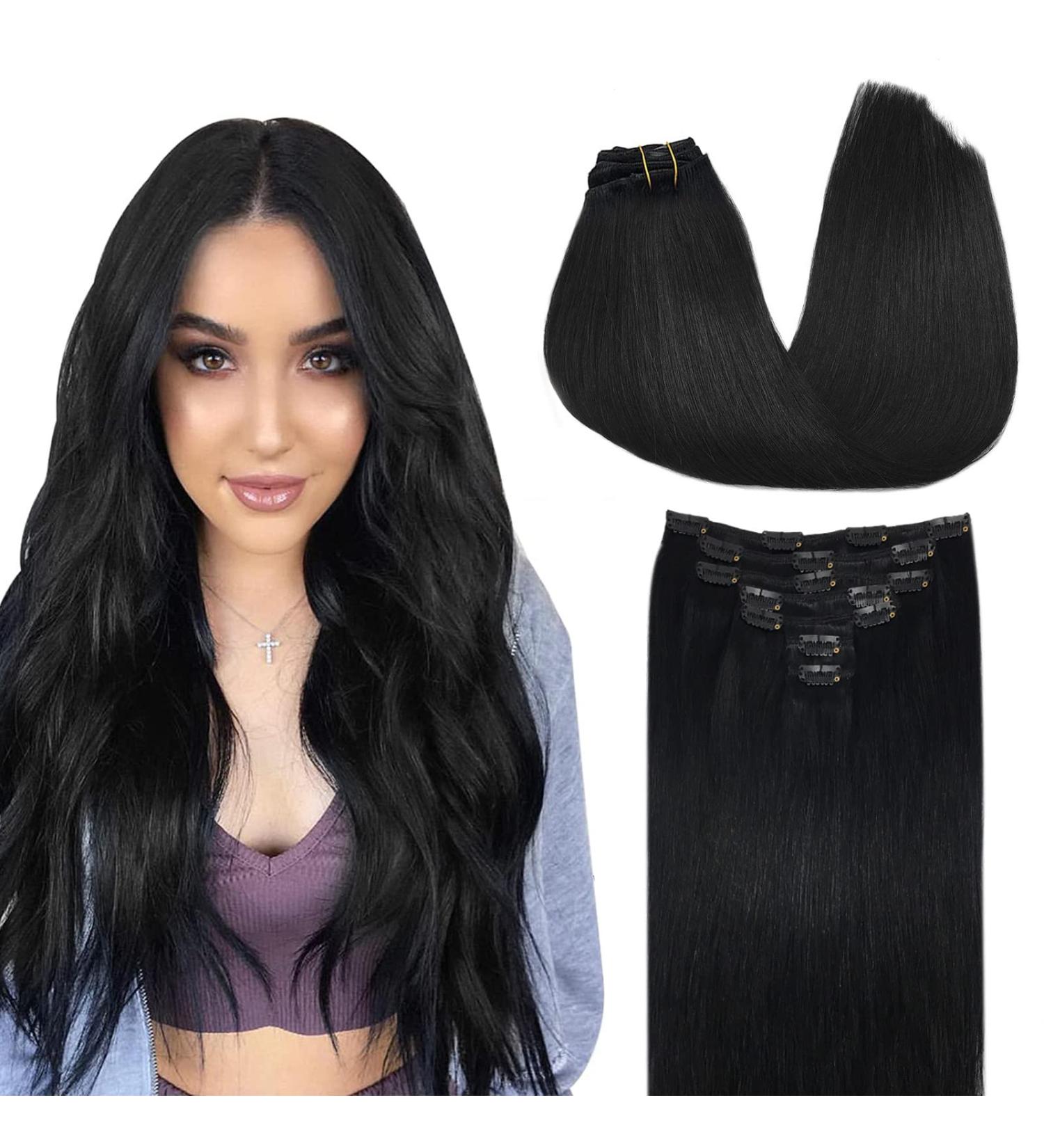 Doores Clip-In Extensions | Real Hair Deep Black 35cm (14 Inch) | 120g - 7 Piece Set - Natural Straight Hair - Buy Online on GoSupps.com