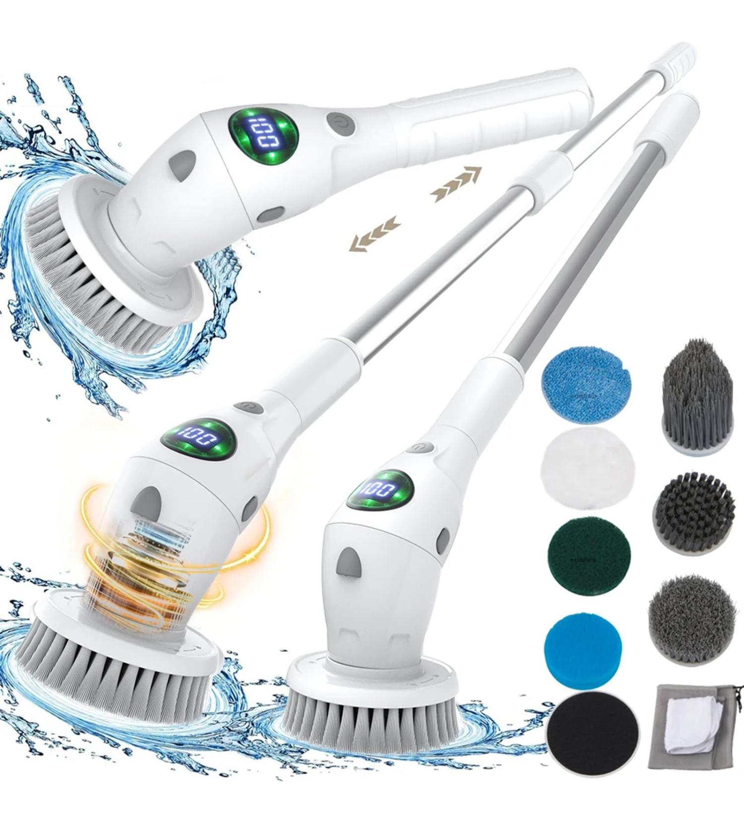Electric Spin Scrubber Cordless Cleaning Brush with 8 Replaceable Brush Heads and Adjust Extension Handle LED Light Real-time Power Display 3 Speeds IPX7 Waterproof Shower Scrubber - Buy Online on GoSupps.com