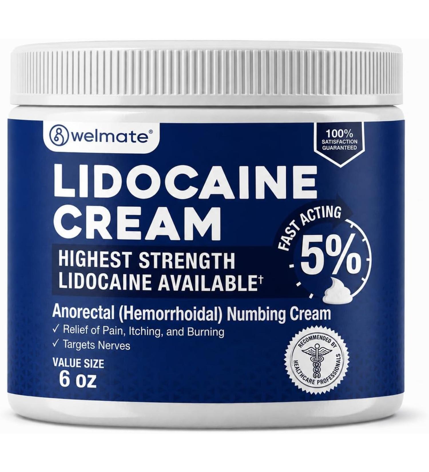 WELMATE - 5% Lidocaine Numbing Cream 6oz (170g) - Maximum Strength Lidocaine Cream - Hemorrhoid Relief - External Use Anesthetic Vitamin E - Child Resistant - Topical Skin Care 6.0 Ounce (1 pack) - Buy Online on GoSupps.com