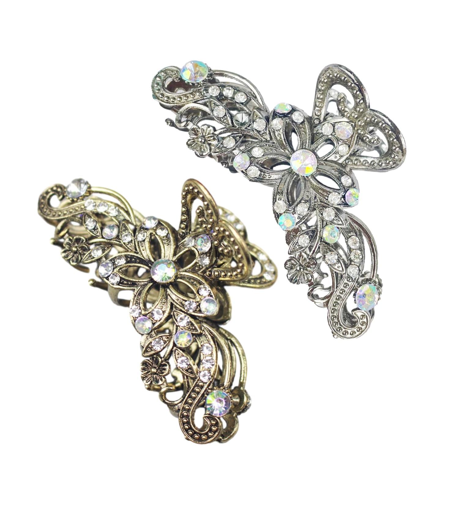2 Pieces Vintage Hair Clips Shiny Rhinestone Hair Clips Ladies Retro Flower Grippers Anti-Slip Hair Clips Fashionable hair accessories Suit for Girls and Women(Gold Silver) - Buy Online on GoSupps.com