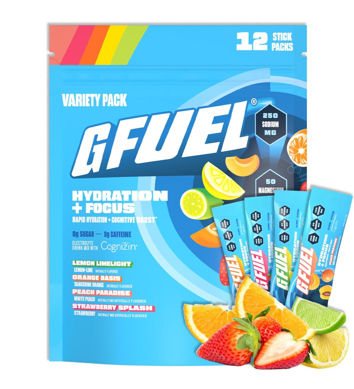 G Fuel Electrolytes Powder for Instant Hydration and Focus | Sugar Free Electrolytes Variety Pack of Lemon Orange Peach Strawberry Nootropic Drink Mixes to Sharpen Mental Focus 12 Servings Variety Pack - 12 Servings - Buy Online on GoSupps.com