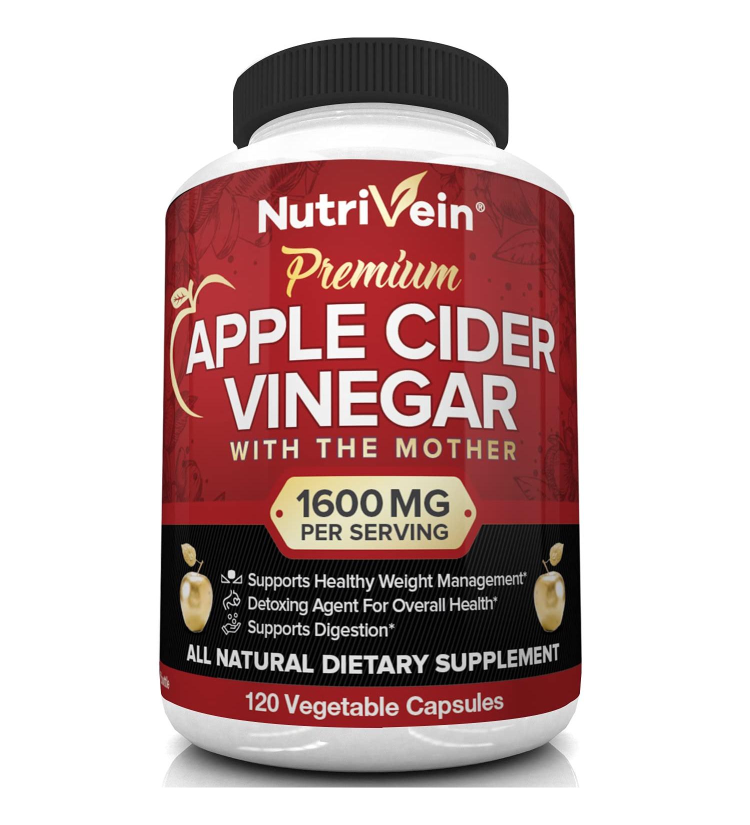 Nutrivein Apple Cider Vinegar Capsules 1600mg - 120 Vegan Pills for Weight Loss, Detox, Digestion - Keto Friendly - Supports Immune System - ACV Raw - Vegan Formula - Buy Online on GoSupps.com