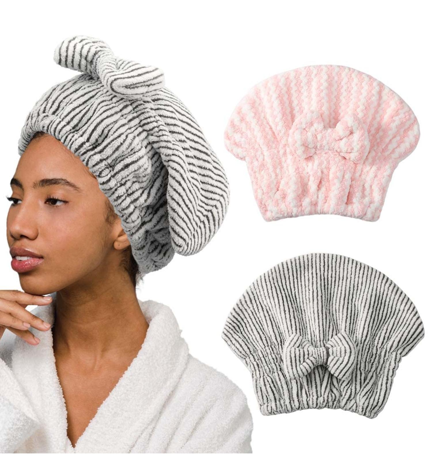Microfiber Hair Drying Towel & Bamboo Drying Cap - Quick Dry Hair Turban Set for Women & Girls - 2 Pcs - Buy Online on GoSupps.com