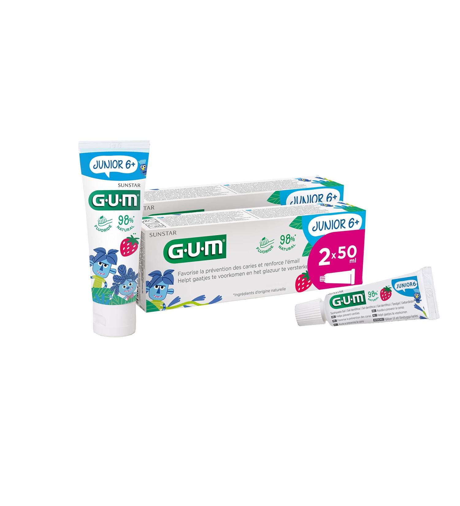 GUM JUNIOR Toothpaste | specially designed for new permanent teeth | children from 6 years old | strawberry flavour | 2 x 50 (with 1 free sample) - Buy Online on GoSupps.com