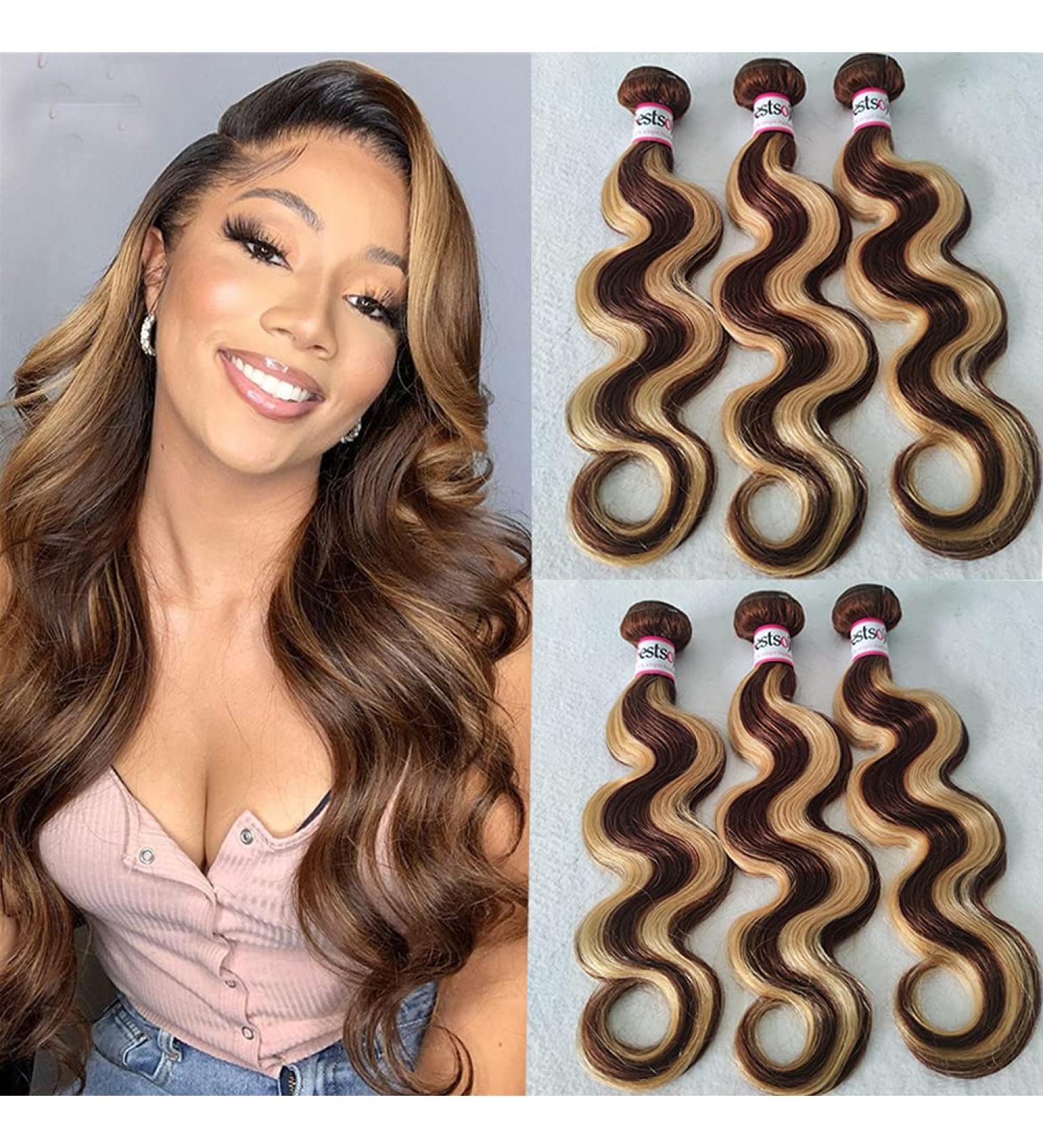 Bestsojoy Ombre Highlight Brazilian Body Wave Hair Bundles | 4 Bundle Pack 12A Remy Human Hair Weaves P4/27 Ombre Brown Blonde Extensions | 22 24 26 28 Inch Highlighted Hair - Buy Online on GoSupps.com