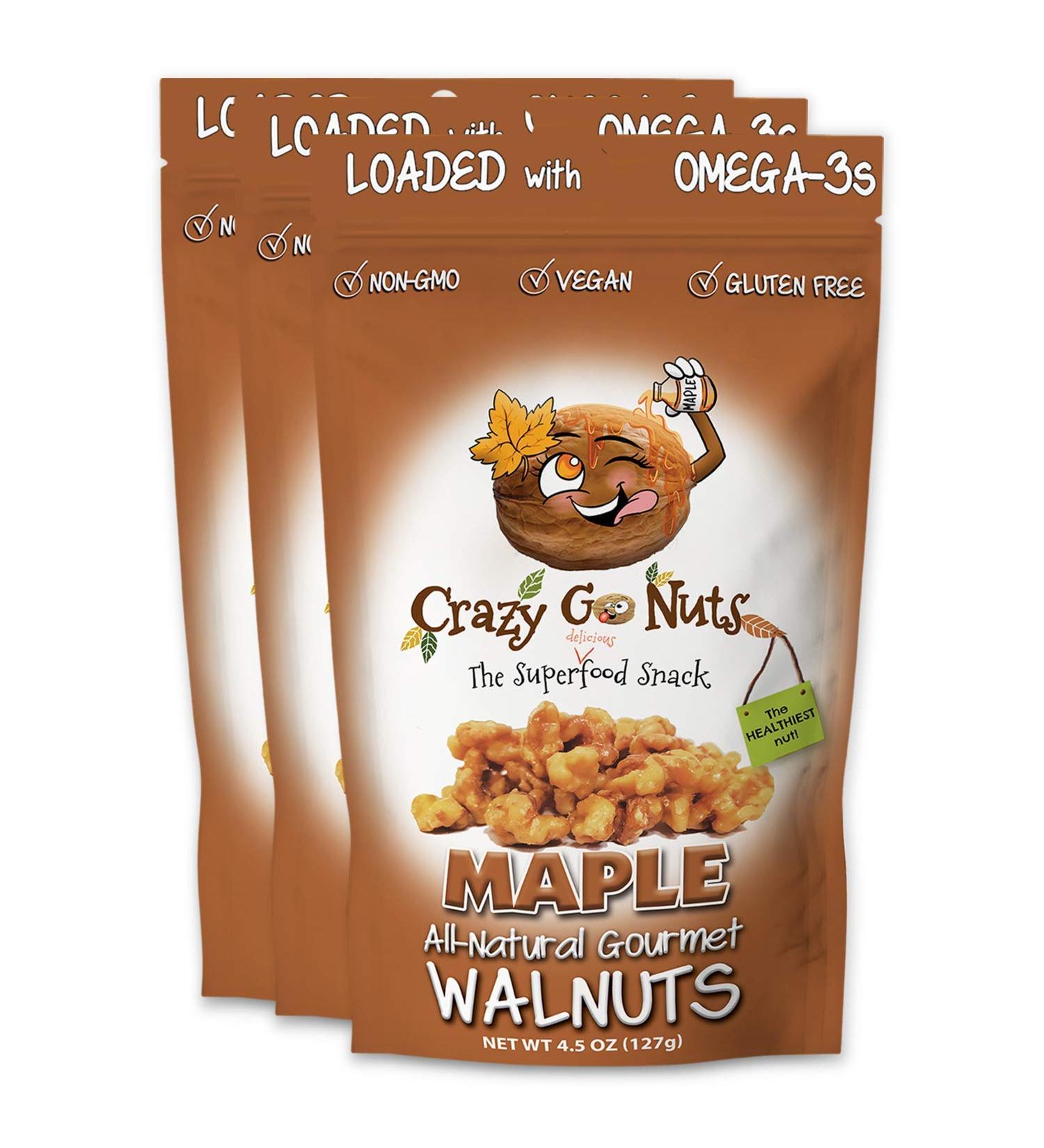 Crazy Go Nuts Maple Walnuts 4.5 oz (3-Pack) | Healthy Vegan Snacks, Superfood with ALA Omega-3, Non-GMO, Gluten-Free | Nutritious Good Fats and Antioxidants - Buy Online on GoSupps.com