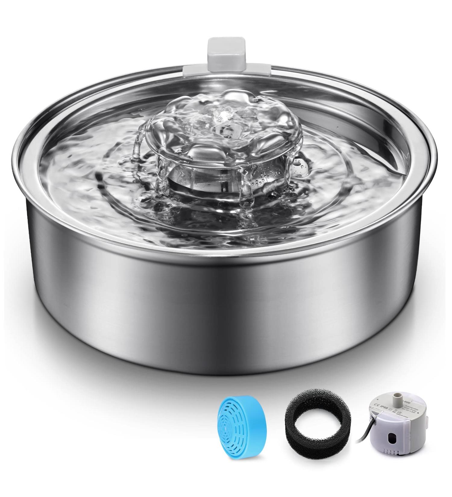 Stainless Steel Cat Water Fountain 2.0L/67oz - Ultra-Quiet Pump, LED Light, Dishwasher Safe - Ideal for Puppy and Cat - Buy Online on GoSupps.com