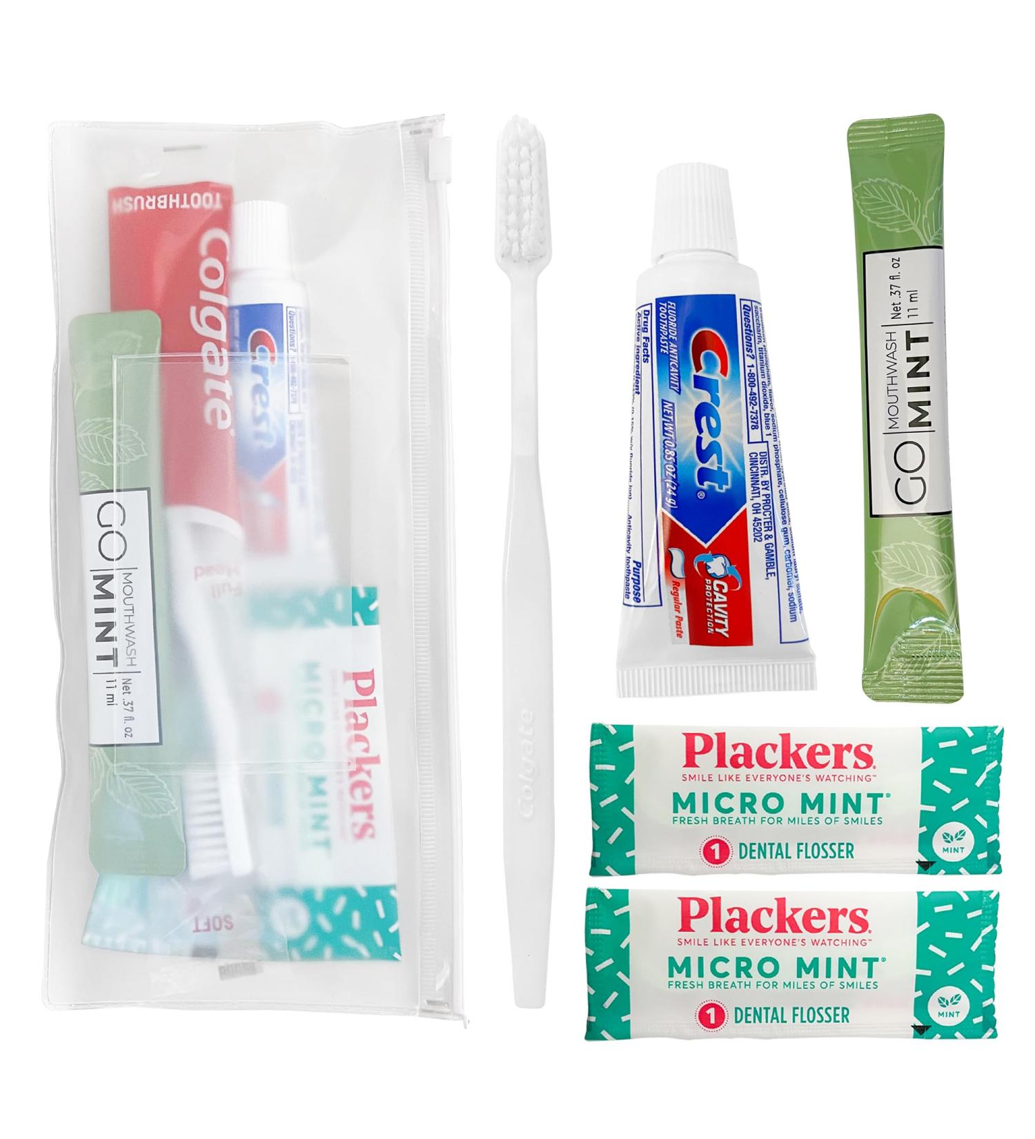 Travel-Sized Adult Dental Care Kit - TSA-Compliant Oral Care Bag with Toothbrush Floss Picks Toothpaste & Mint Mouthwash | Bulk Pack - Buy Online on GoSupps.com