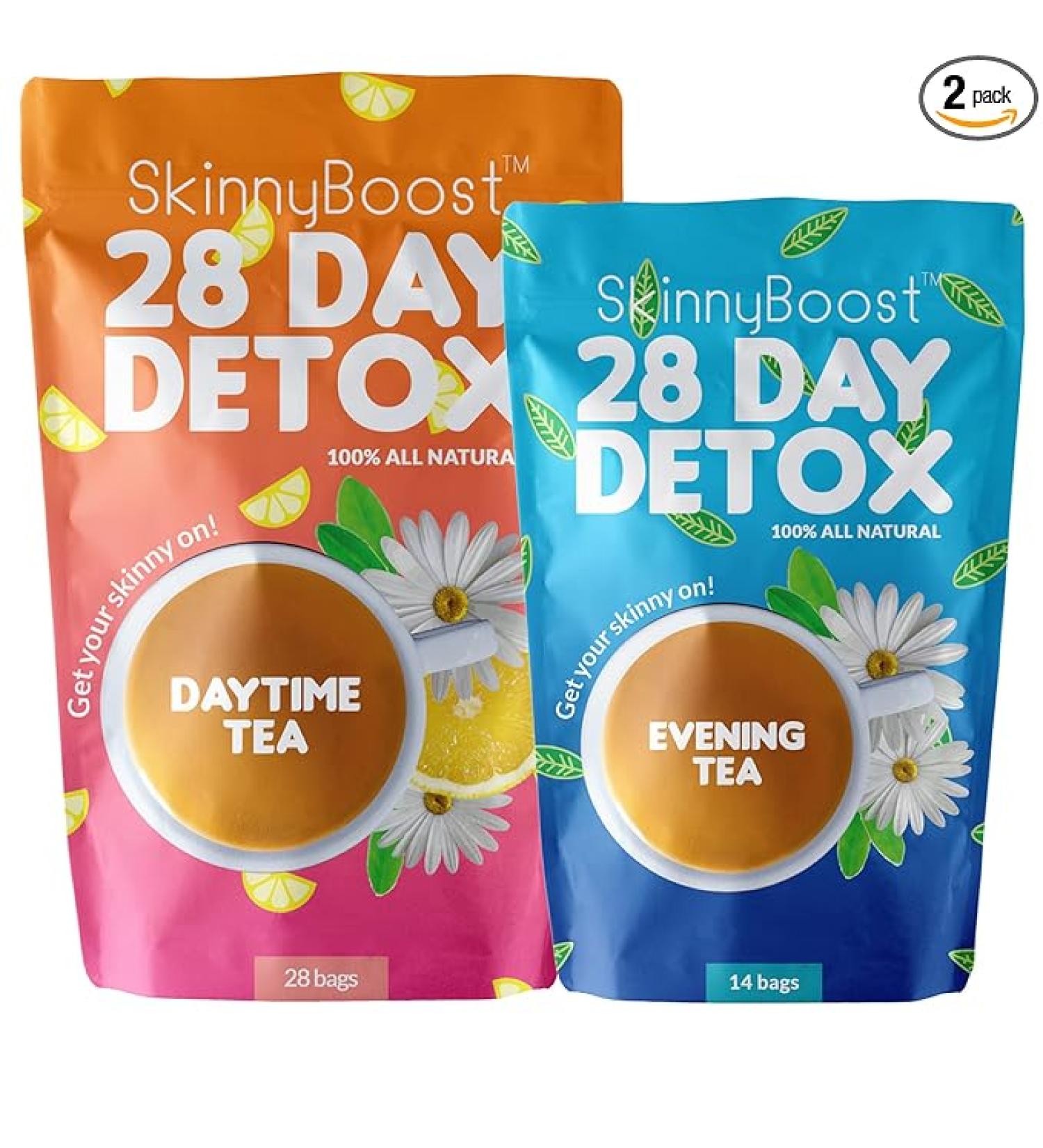 SkinnyBoost 28 Day Detox Tea Kit-1 Daytime (28 Bags) 1 Evening (14 Bags) Non GMO Vegan All Natural Teas Made with Green Tea and Herbal Teas for Natural Detox and Cleanse Reduce Bloating - Buy Online on GoSupps.com