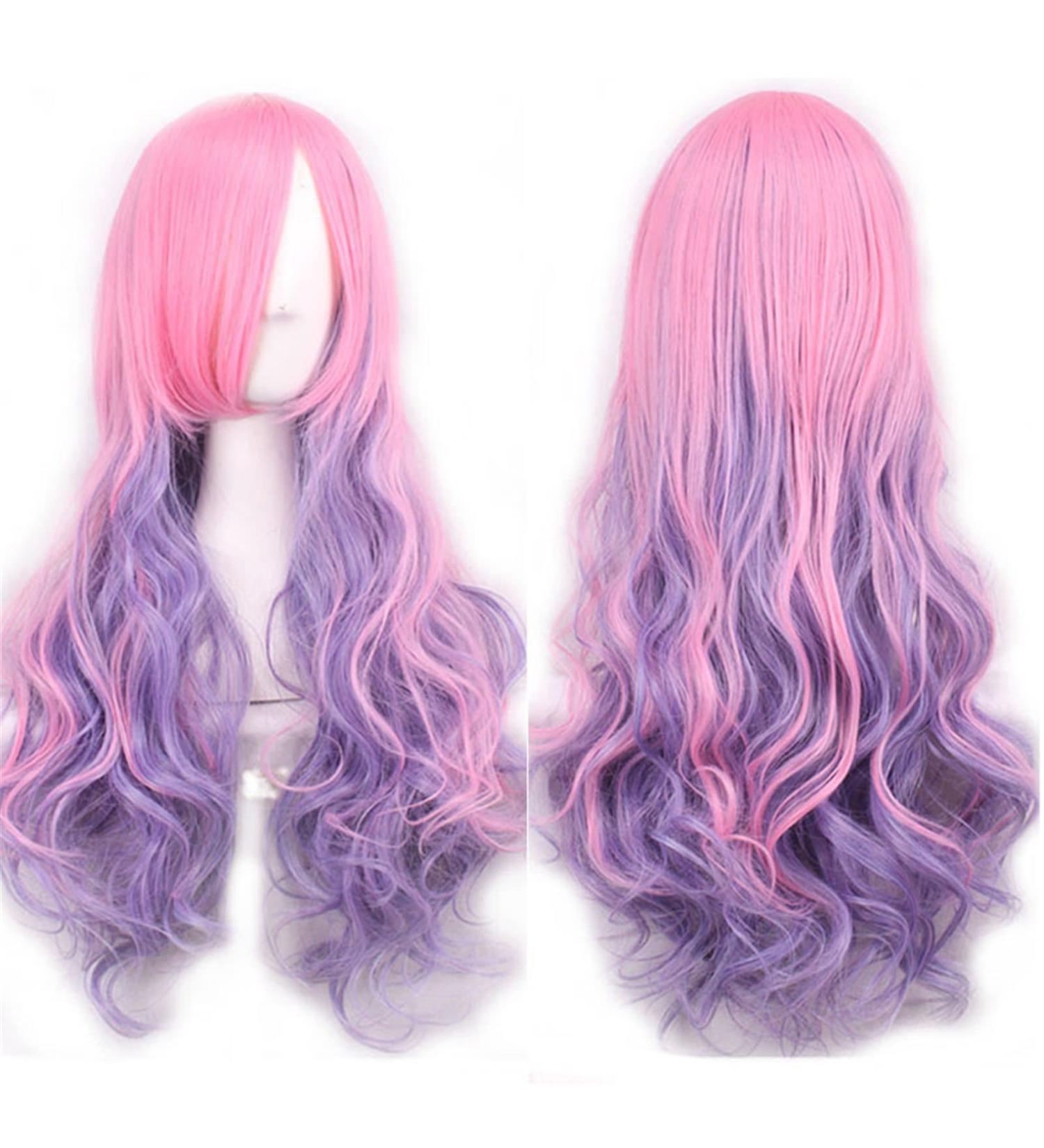 Sawekin Womens Long Cosplay Anime Wig - 28 Curly Harajuku Lolita Style Costume Wig for Halloween Cosplay - D-Light Purple/Pink - Buy Online on GoSupps.com