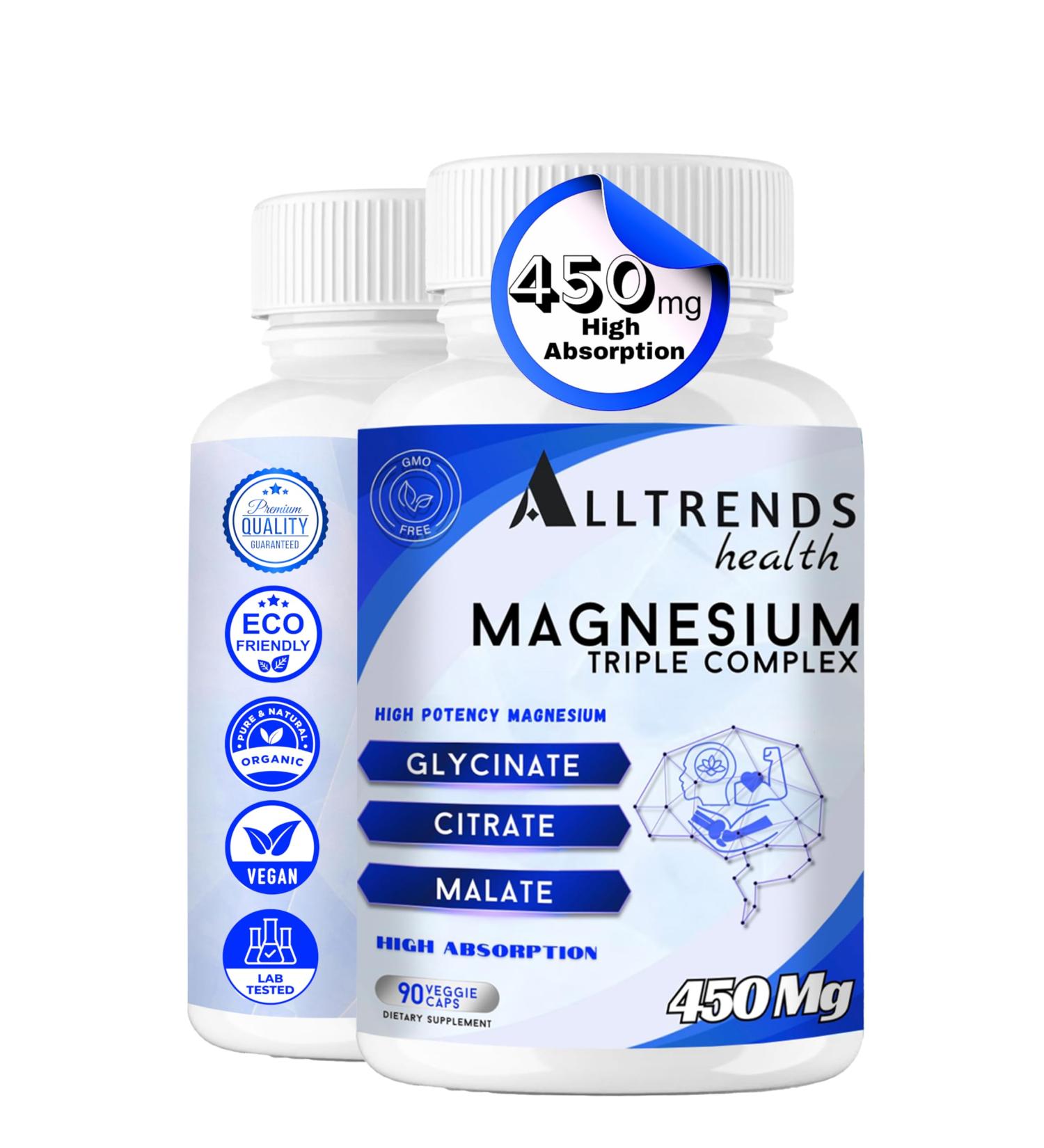 AllTrends Health Triple Magnesium Complex | High Potency Magnesium 450mg of Magnesium Glycinate Malate & Citrate | High Absorption | Non-GMO Gluten Free Soy Free Vegan | 90 Capsules. - Buy Online on GoSupps.com