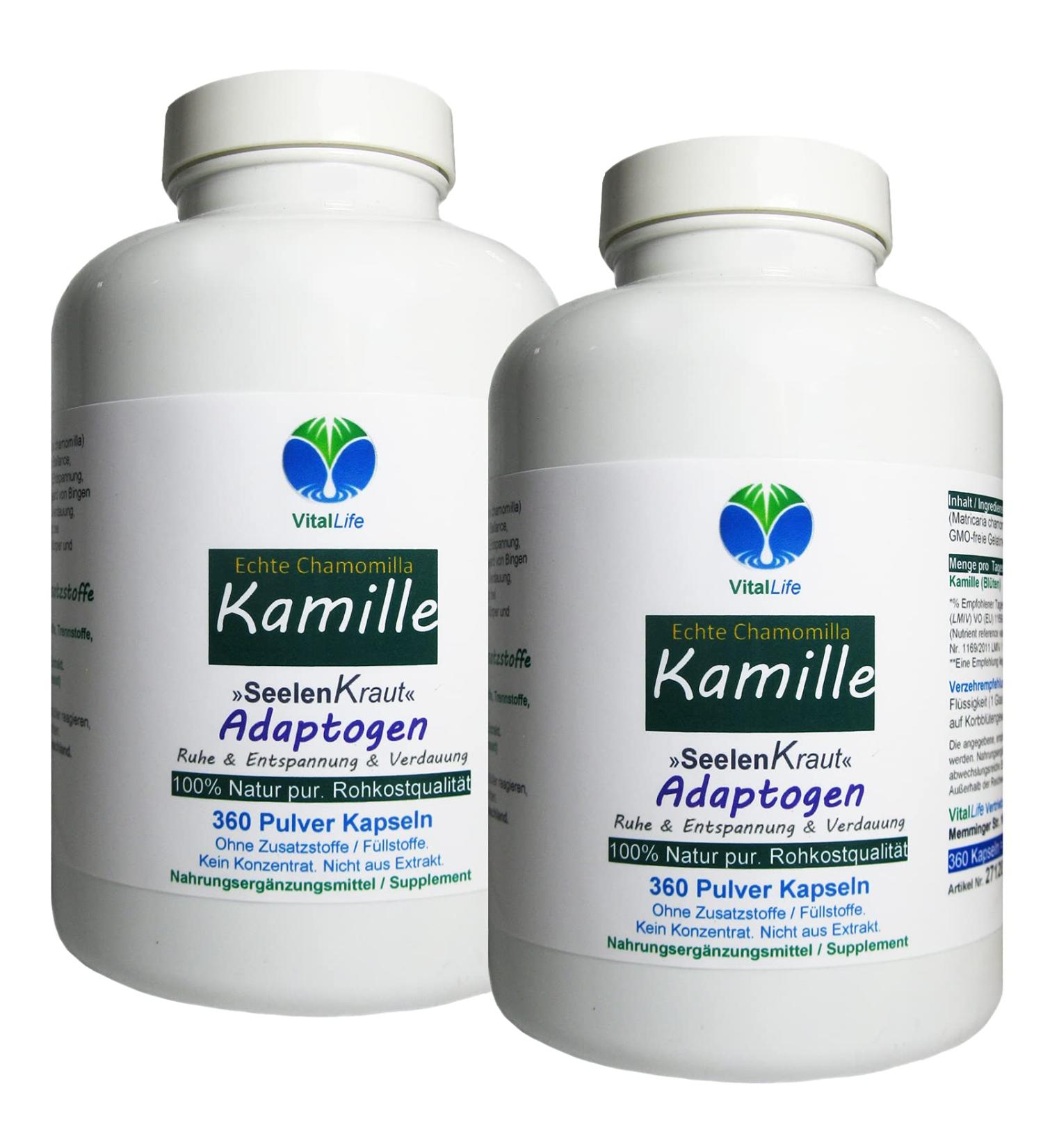 Chamomile Chamomilla 720 Capsules - Natural Stomach & Intestine Adaptogen - Relaxation Support - Pure Chamomile Flowers - No Additives (2x360 129.6g) - Buy Online on GoSupps.com