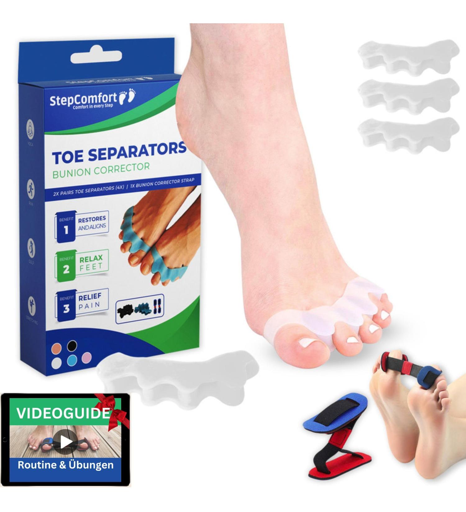 Stepcomfort Toe Spreader for Hallux Valgus - 4 STK Elastic Bale Toe Corrector Silicone Separator for Hammer Toe Correction & Foot Realignment (White) - Buy Online on GoSupps.com