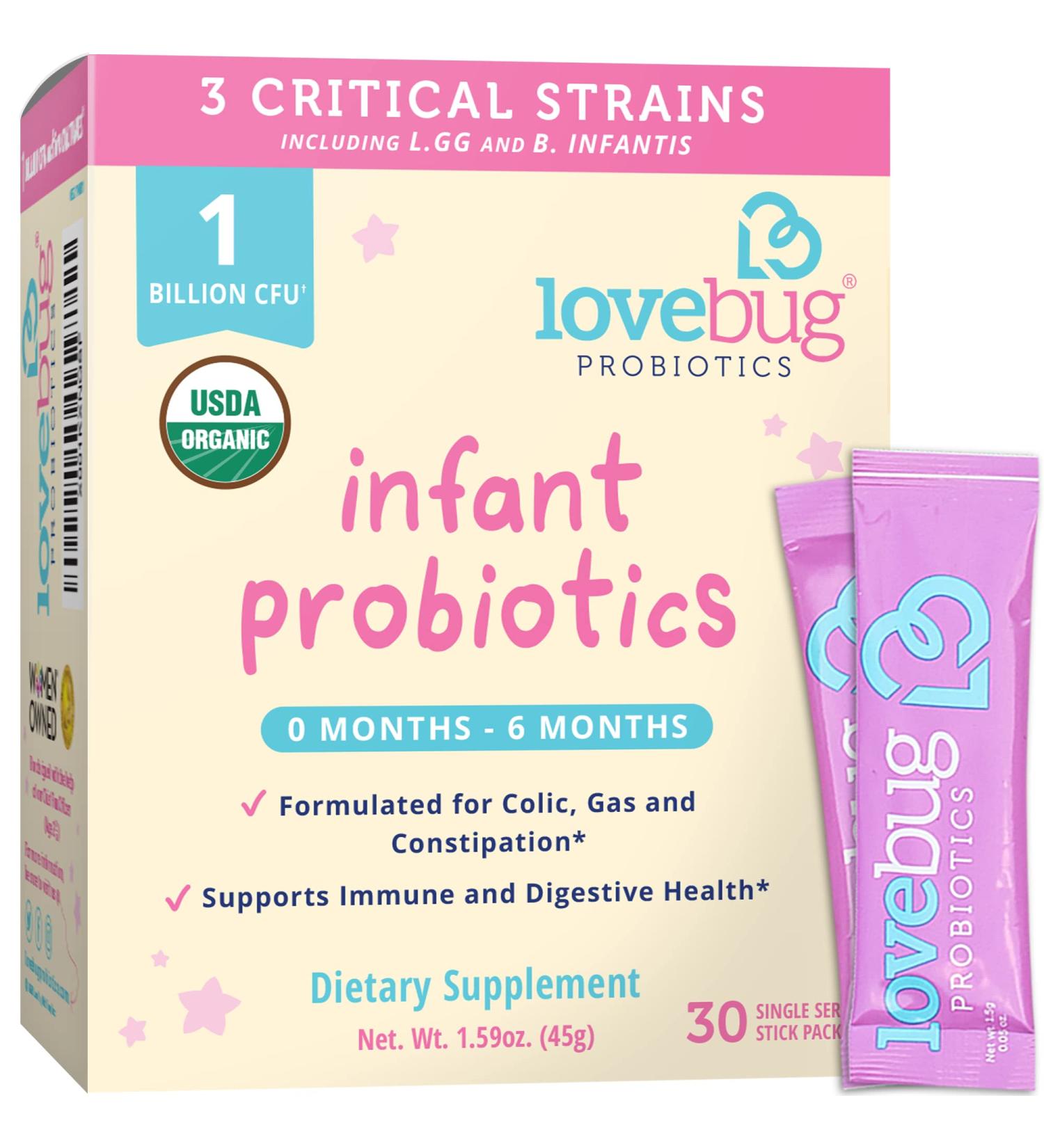 Lovebug USDA Organic Probiotic for Infants | Ages 0-6 Months | Colic, Reflux & Gas Relief | Sugar-Free Powder | Non-GMO & Vegan - Buy Online on GoSupps.com