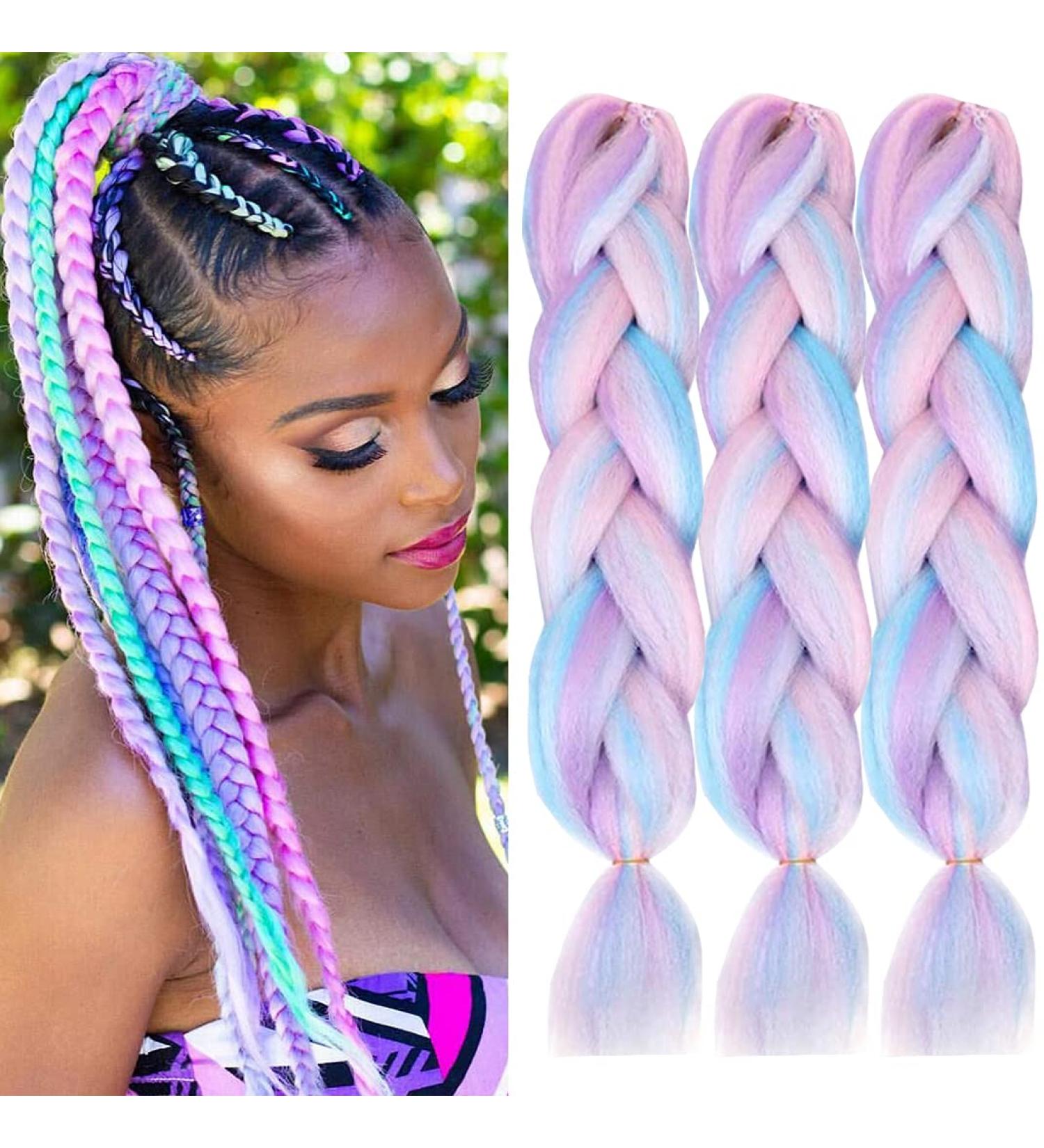 Colorfulpanda 3 Pieces Jumbo Braid Hair Extensions - 24 KanCalon Crochet Twist (White/Pink/Light Blue/Light Violet) - 100g Rainbow Lichen Hair - Buy Online on GoSupps.com