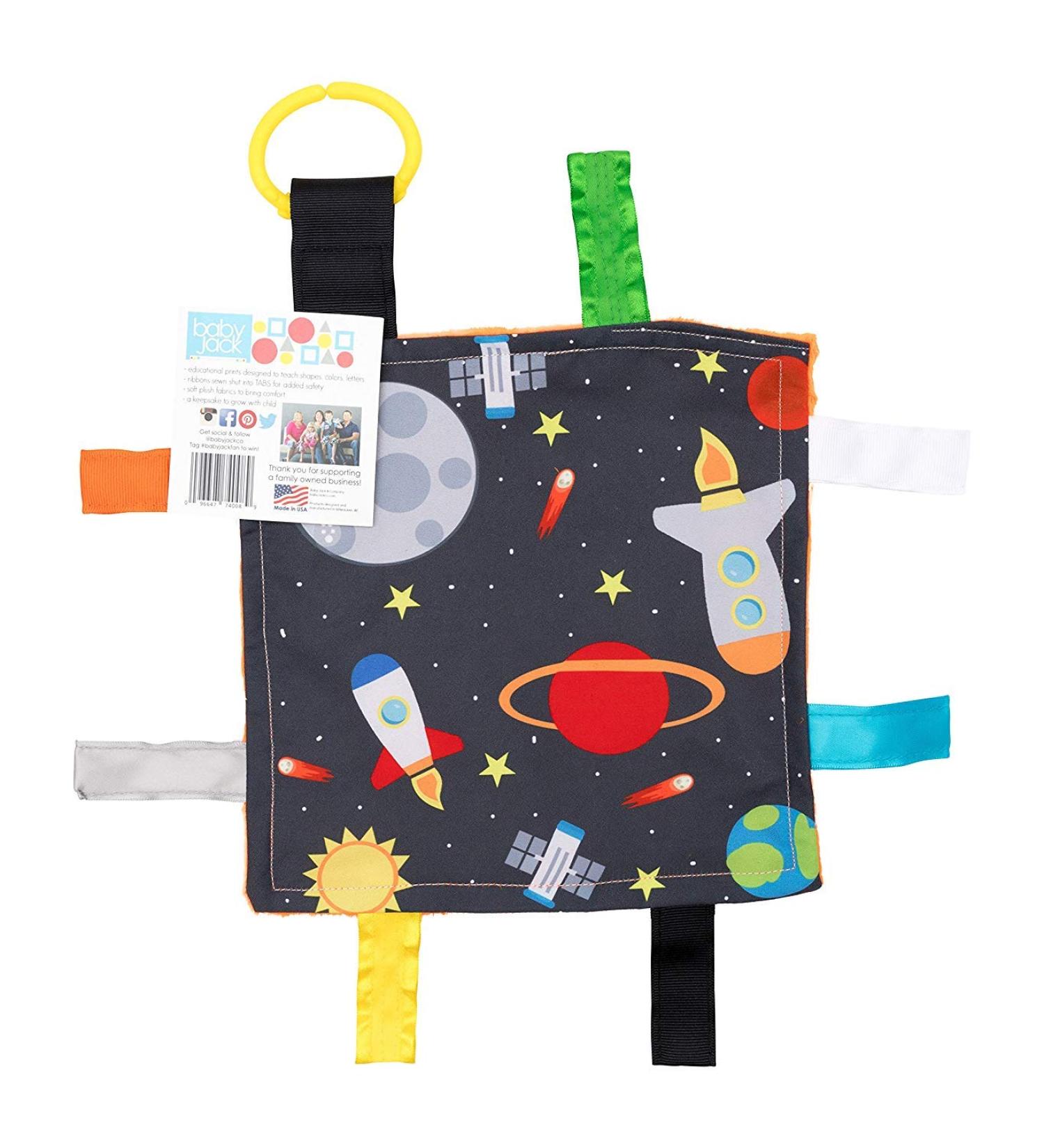 Baby Jack & Co 8x8  Space Lovey Tag Toys for Babies - Baby Crinkle Toys - Crinkle Toys for Baby - Soft & Safe - Learn Shapes & Colors - Ideal Baby Toy - BPA Free w/Stroller Clip