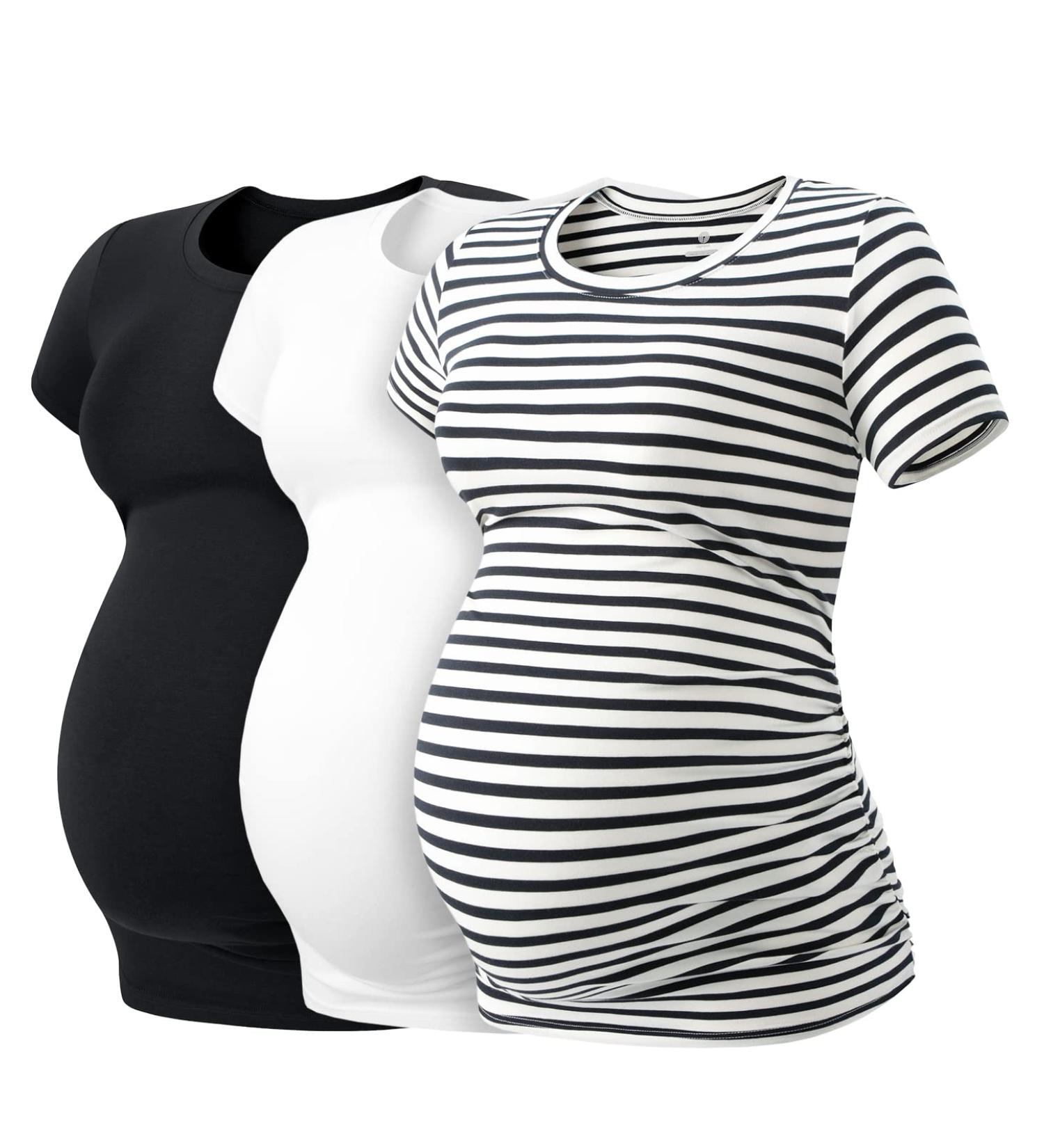 LAPASA Women's Maternity Side Ruched Crew Neck Tshirts - Soft Modal Cotton Pregnancy Tees - Short Sleeve - L55 (Black/Navy Stripe/Off White) - Buy Online on GoSupps.com