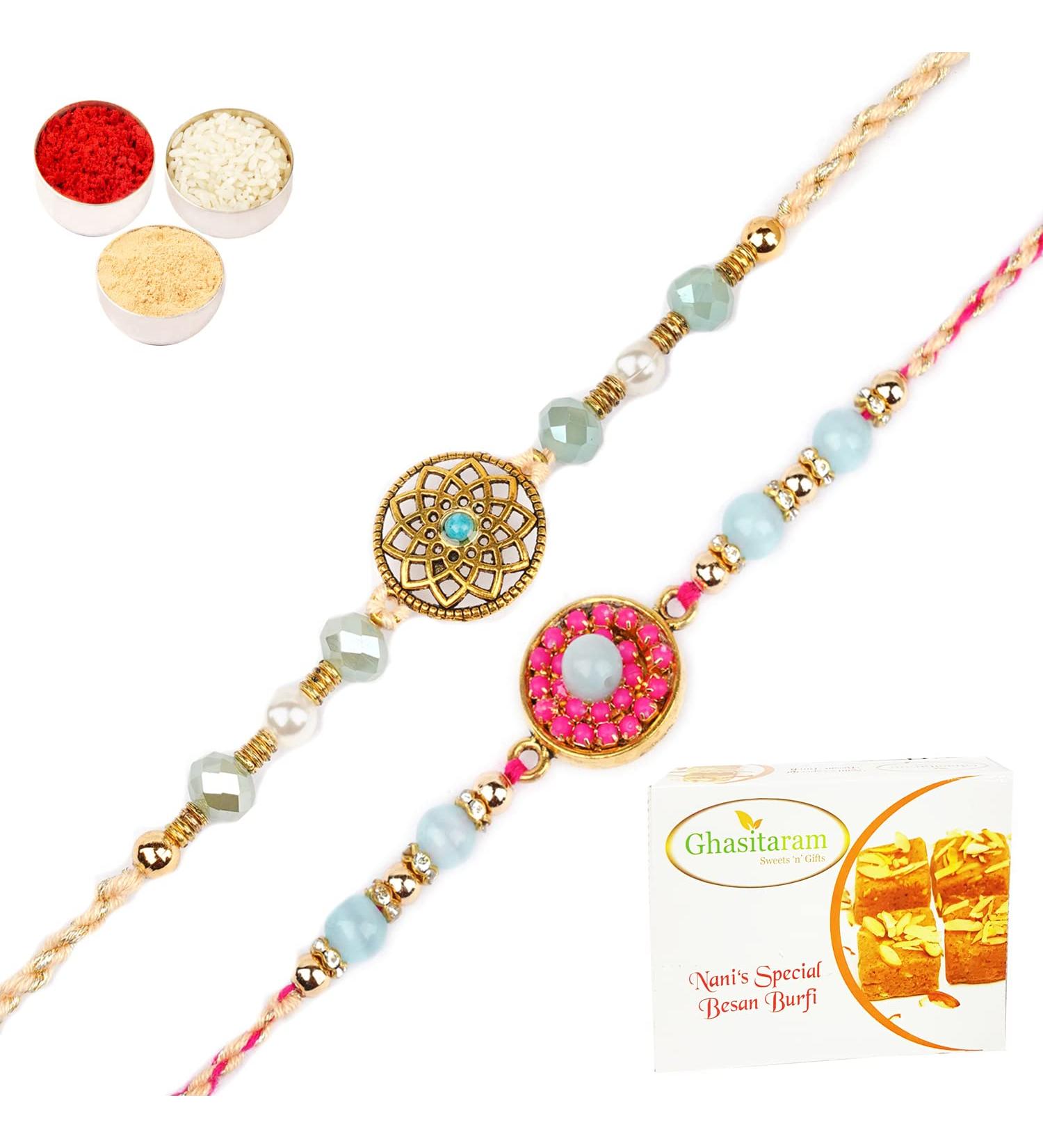 Ghasitaram Gifts Rakhi for Brother Rakhis Online - Set of 2 Rm- 643 and Rm- 654 Premium Rakhis with 200 GMS of Besan Barfi - Buy Online on GoSupps.com