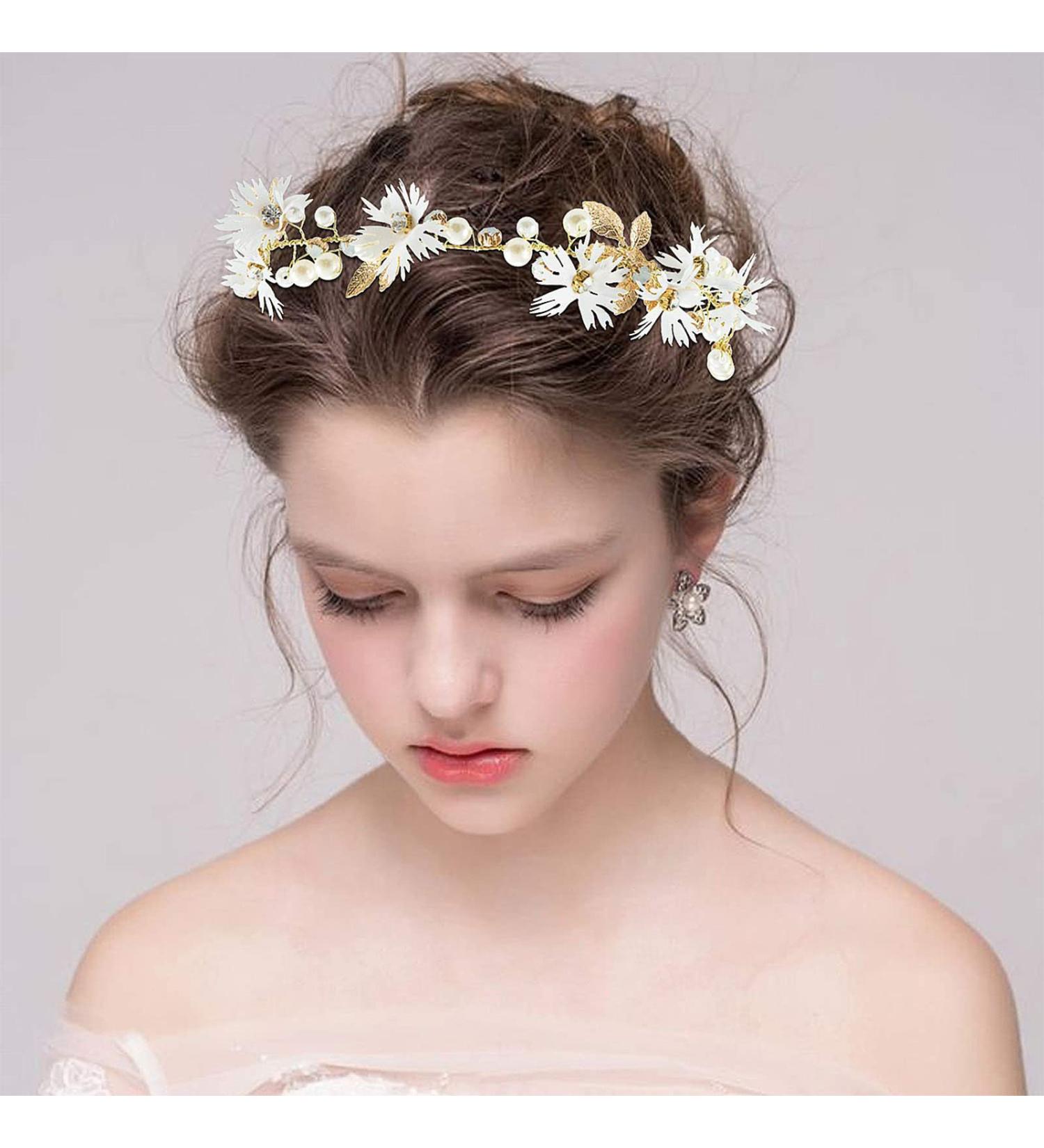 Vintage Prosperity Flower Hair Wreath & Comb - Gold Pearl Rhinestone Headband for Brides & Women - Buy Online on GoSupps.com