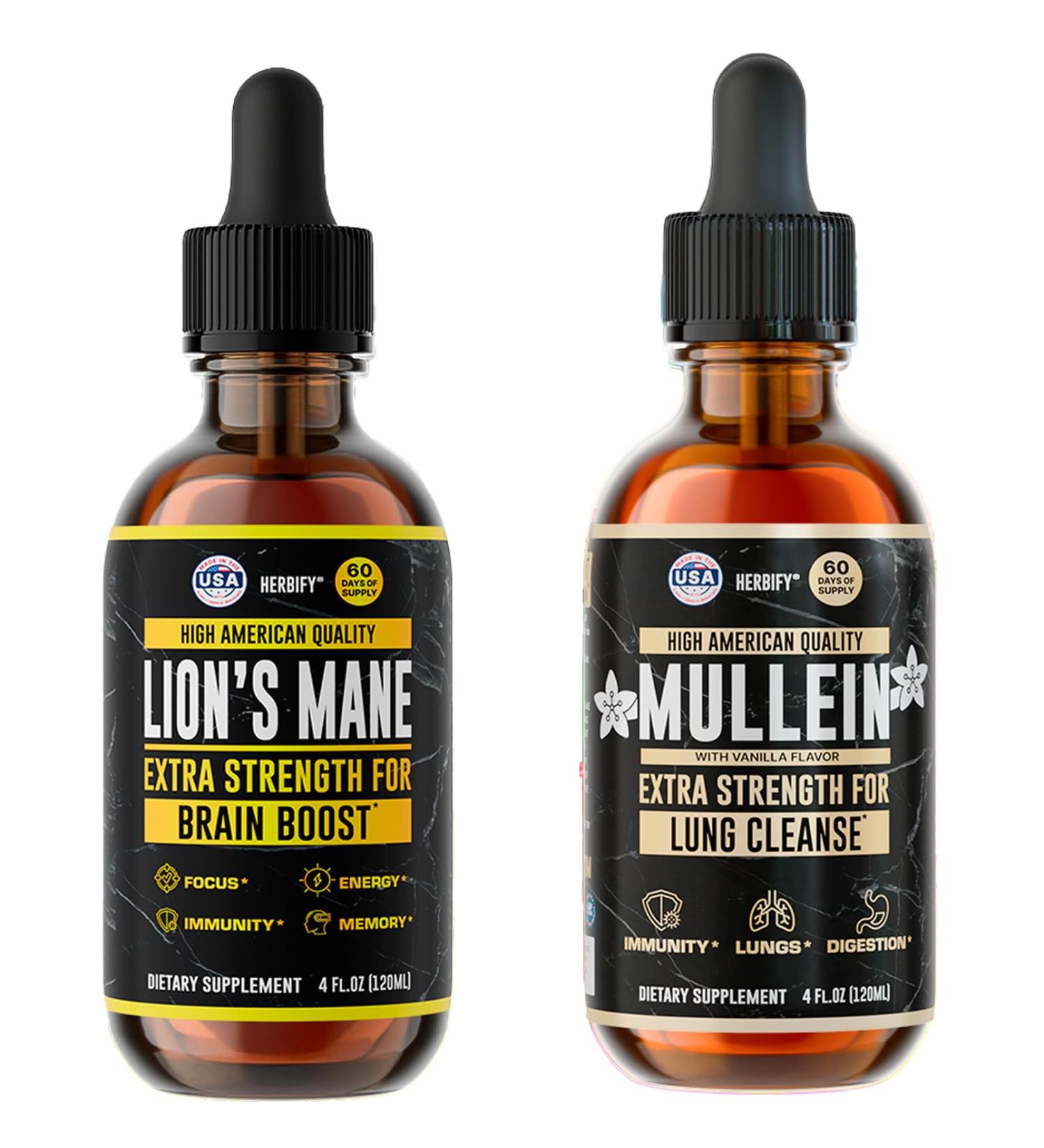 HERBIFY Bundle - Lions Mane & Mullein Vanilla 4 Fl Oz Drops - Supplement for Memory Focus & Clarity & Immune Support Lung Cleanse and Bronchial Support - Buy Online on GoSupps.com