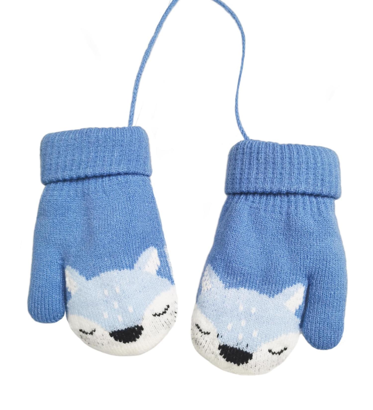 iEasey Cute Baby Winter Knitted Mittens On String | 0-3 Years | Fox Design | Insulated Fleece Gloves for Boys & Girls | Blue - Buy Online on GoSupps.com