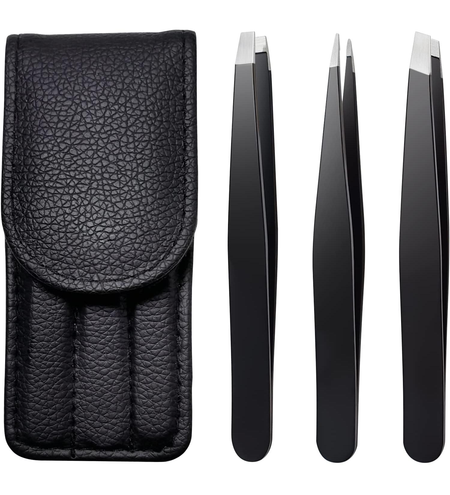 TOPMEET Stainless Steel Eyebrow Tweezers Set for Facial Hair and Splinter Removal - Women/ Men, Black - Buy Online on GoSupps.com