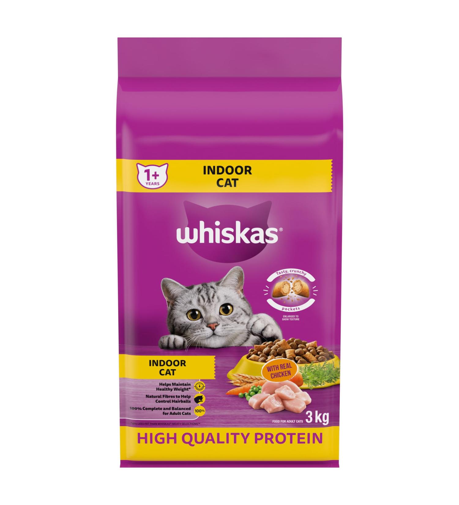 WHISKAS Adult Dry Cat Food - Indoor With Real Chicken 3kg Bag - Buy Online on GoSupps.com
