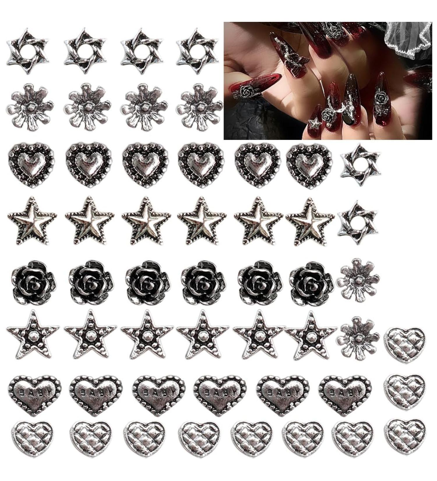 48Stk Halloween Steine Nails - 3D Gothic Punk Nail Art Accessories with Silver Heart Flower & Pentagram Charms for DIY Manicure - Buy Online on GoSupps.com