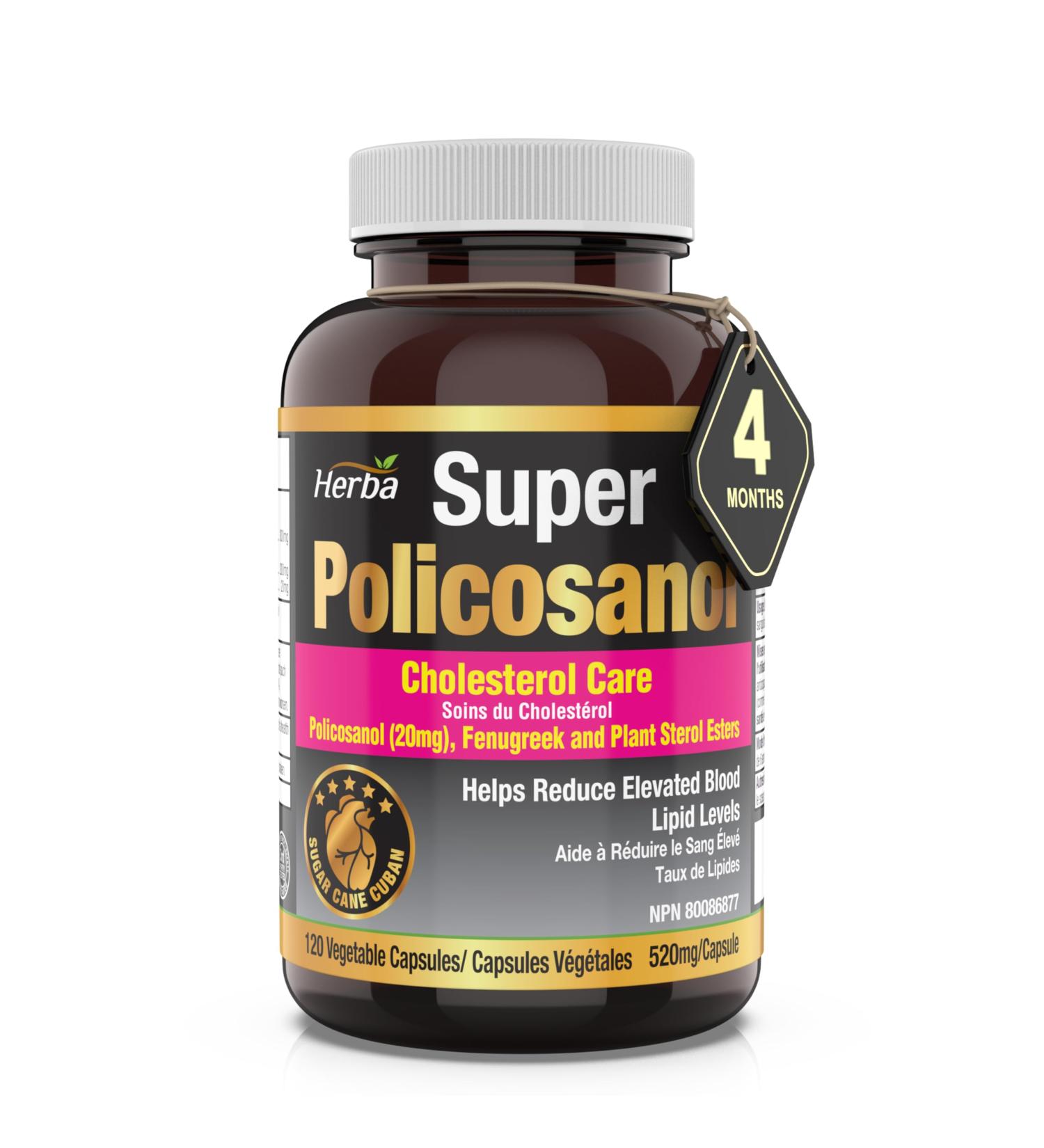 Herba Policosanol 20mg with Plant Sterols and Fenugreek - 120 Vegetable Capsules | Cholesterol Supplement to Lowering and Supporting Healthy Cholesterol Levels and Heart Health | Made in Canada - Buy Online on GoSupps.com