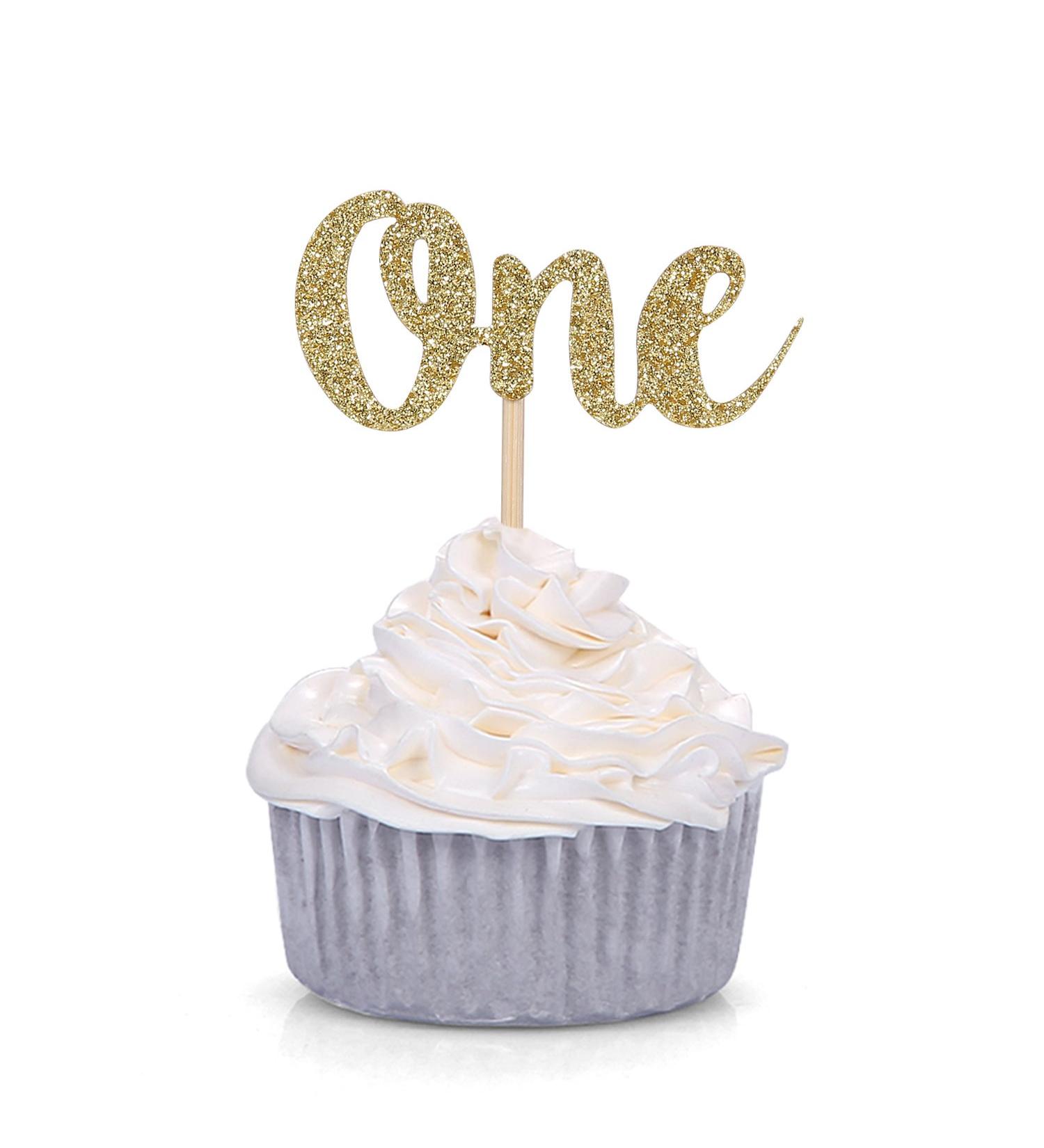 Set of 24 Gold Glitter Number One Cupcake Toppers Kids' First Birthday Party Decors