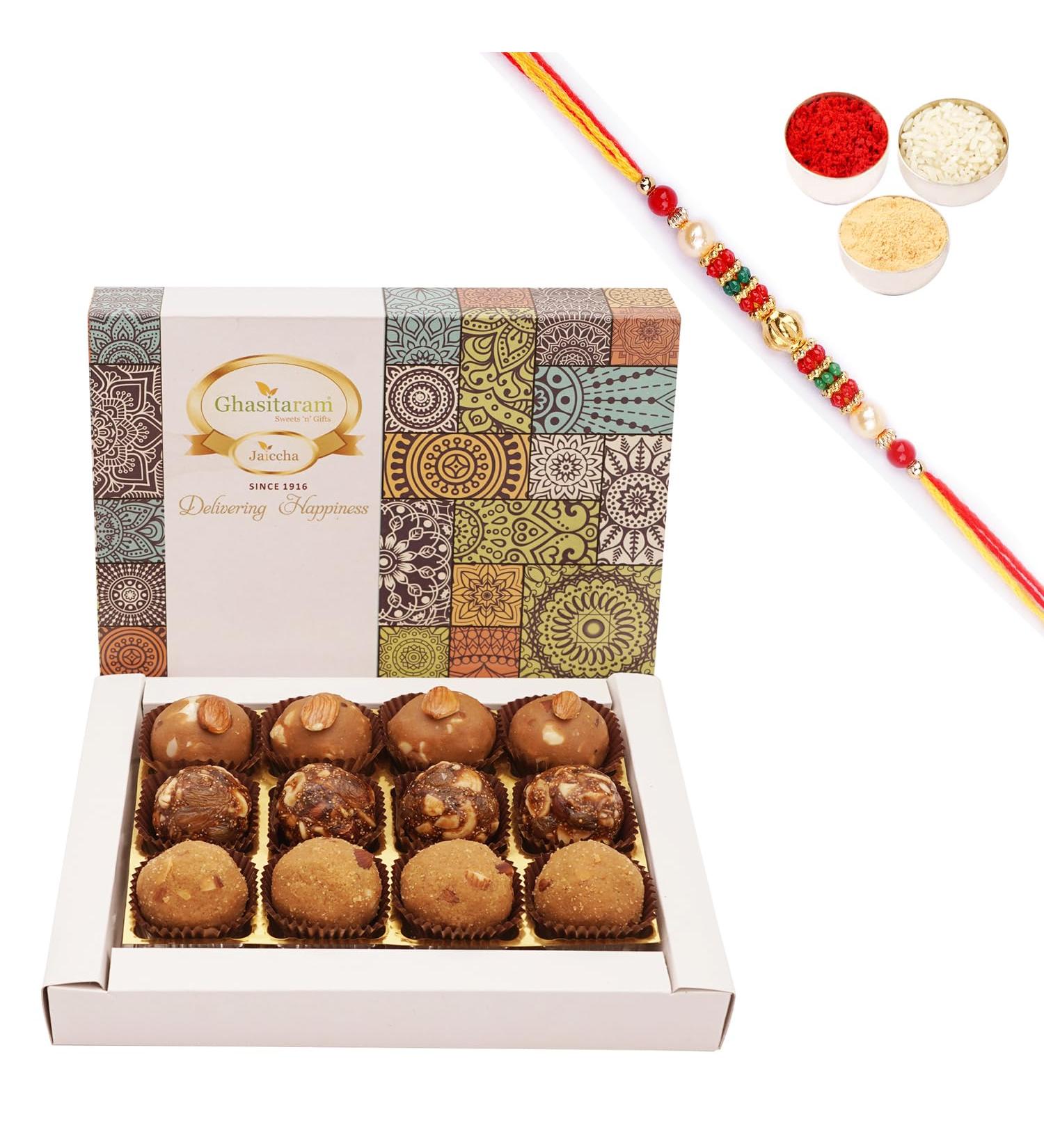Ghasitaram Gifts Jaiccha Rakhi Gifts for Brothers - Assorted laddoos Box 12 Pcs with Pearl Beads Rakhi - Buy Online on GoSupps.com