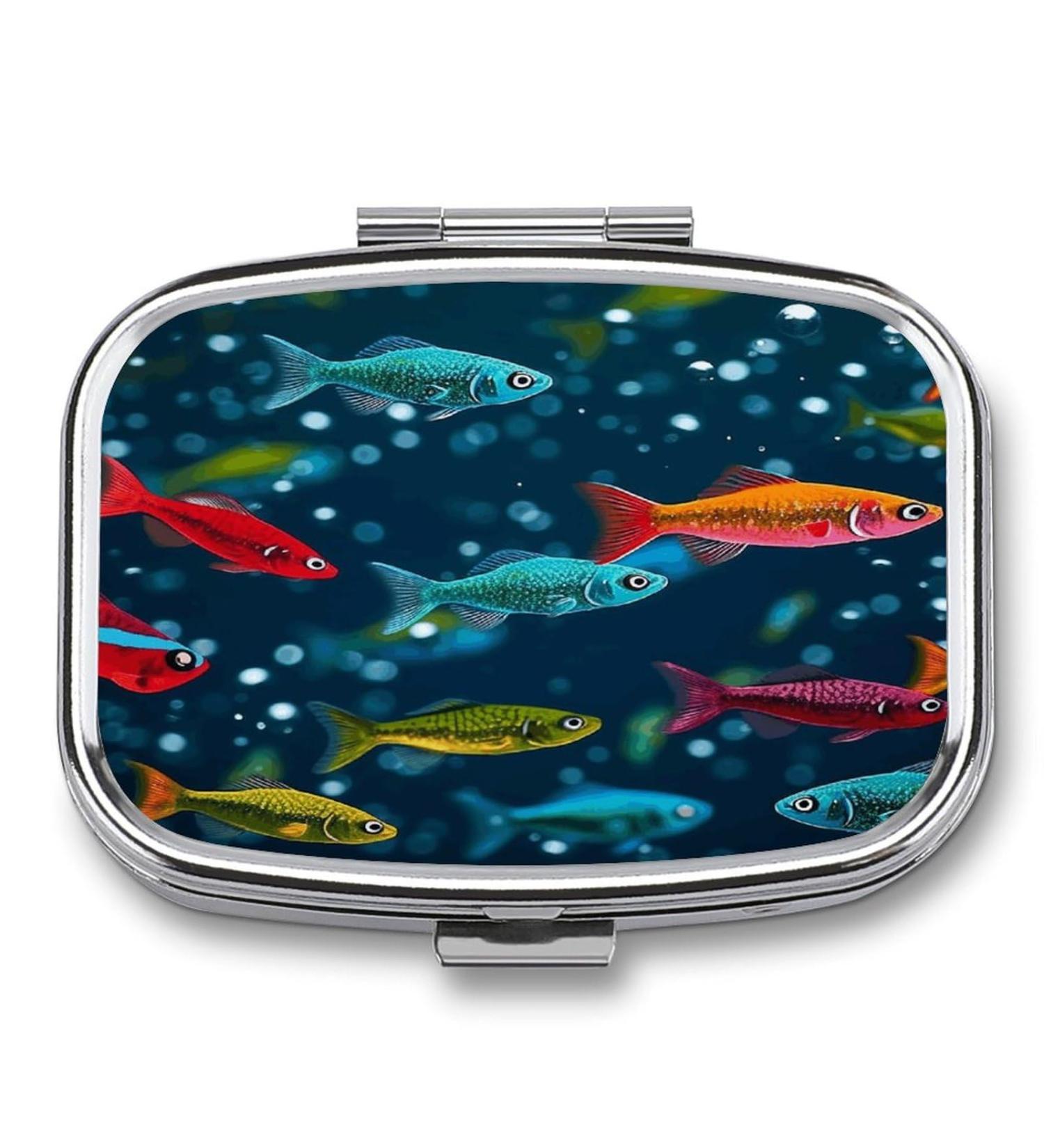 Colorful Minnows Print Pill Box - 2 Compartment Decorative Metal Pill Organizer for Pocket & Purse - Portable Medicine Case for Travel - Buy Online on GoSupps.com