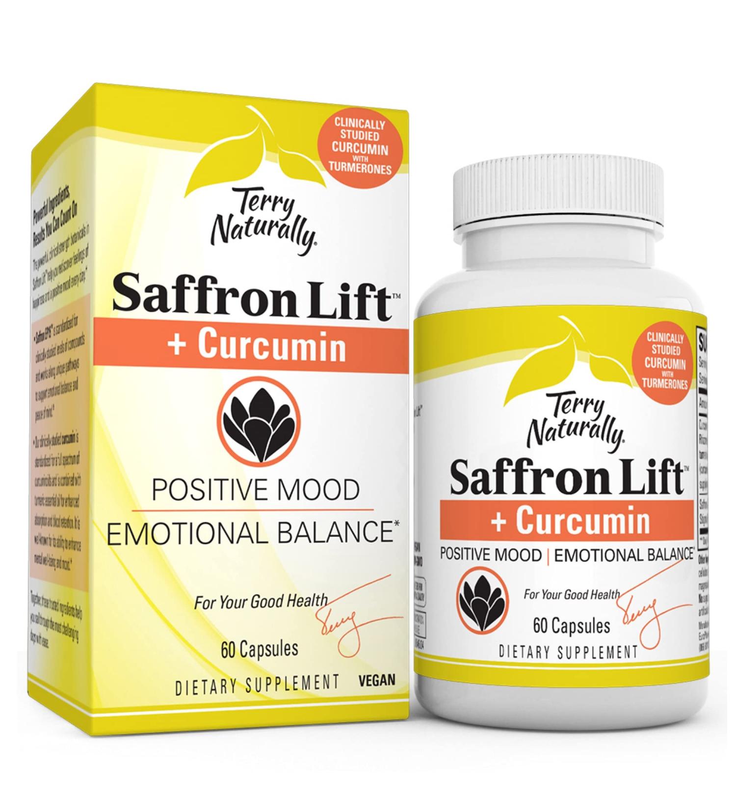 Terry Naturally Saffron Lift Plus Curcumin - 60 Vegan Capsules | Positive Mood & Emotional Balance Supplement | Non-GMO, Gluten-Free | 60 Servings - Buy Online on GoSupps.com