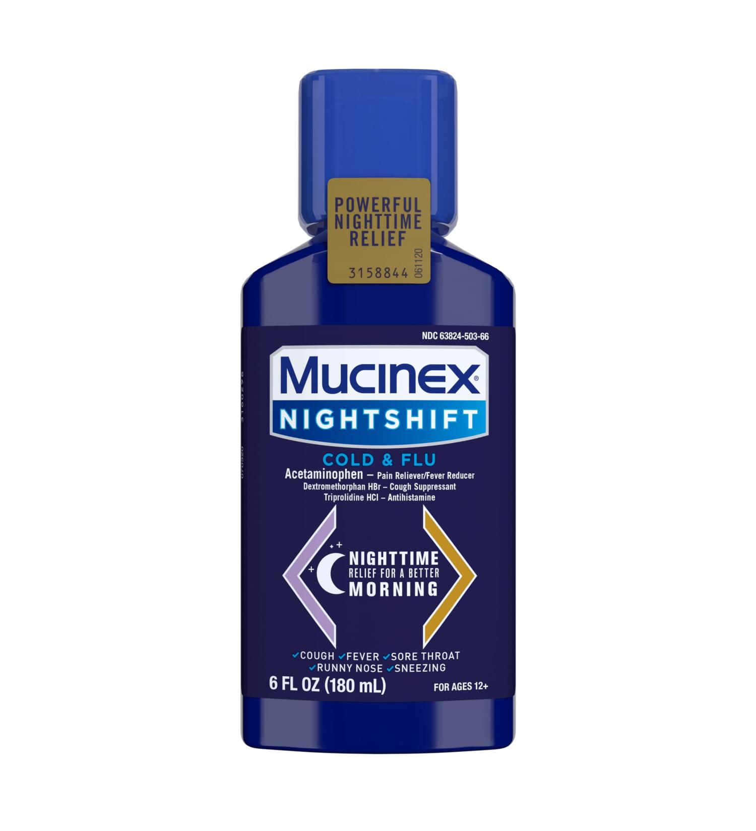 Mucinex Nightshift Cold & Flu Liquid - 6 Fl Oz - Relieves Fever, Sneezing, Sore Throat, Runny Nose & Cough - Buy Online on GoSupps.com