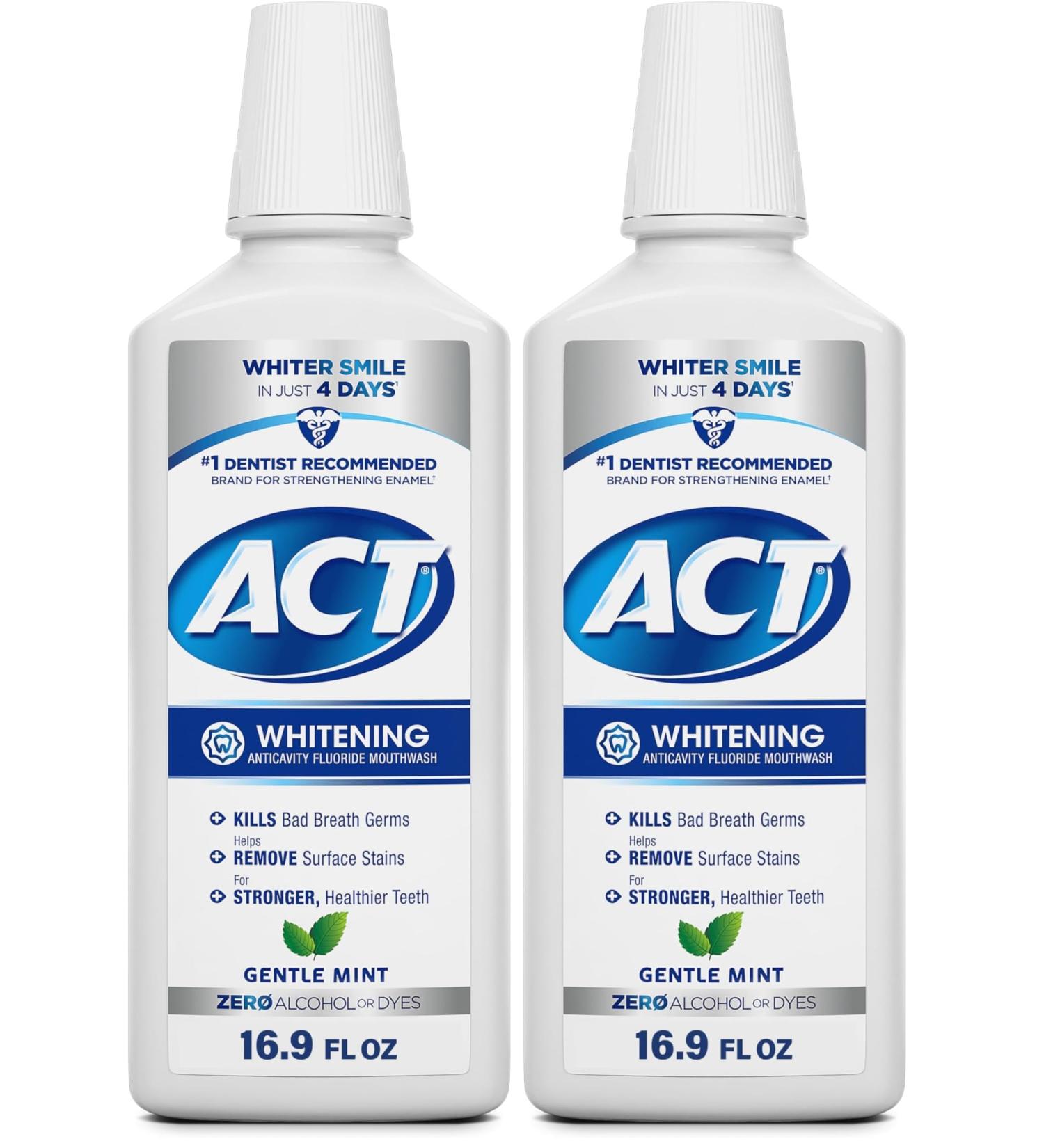 ACT Whitening + Anticavity Fluoride Mouthwash 16.9 fl. oz. with Zero Alcohol, Dye Free, Gentle Mint (Pack of 2) Mouthwash 16.9 Fl Oz (Pack of 2) - Buy Online on GoSupps.com