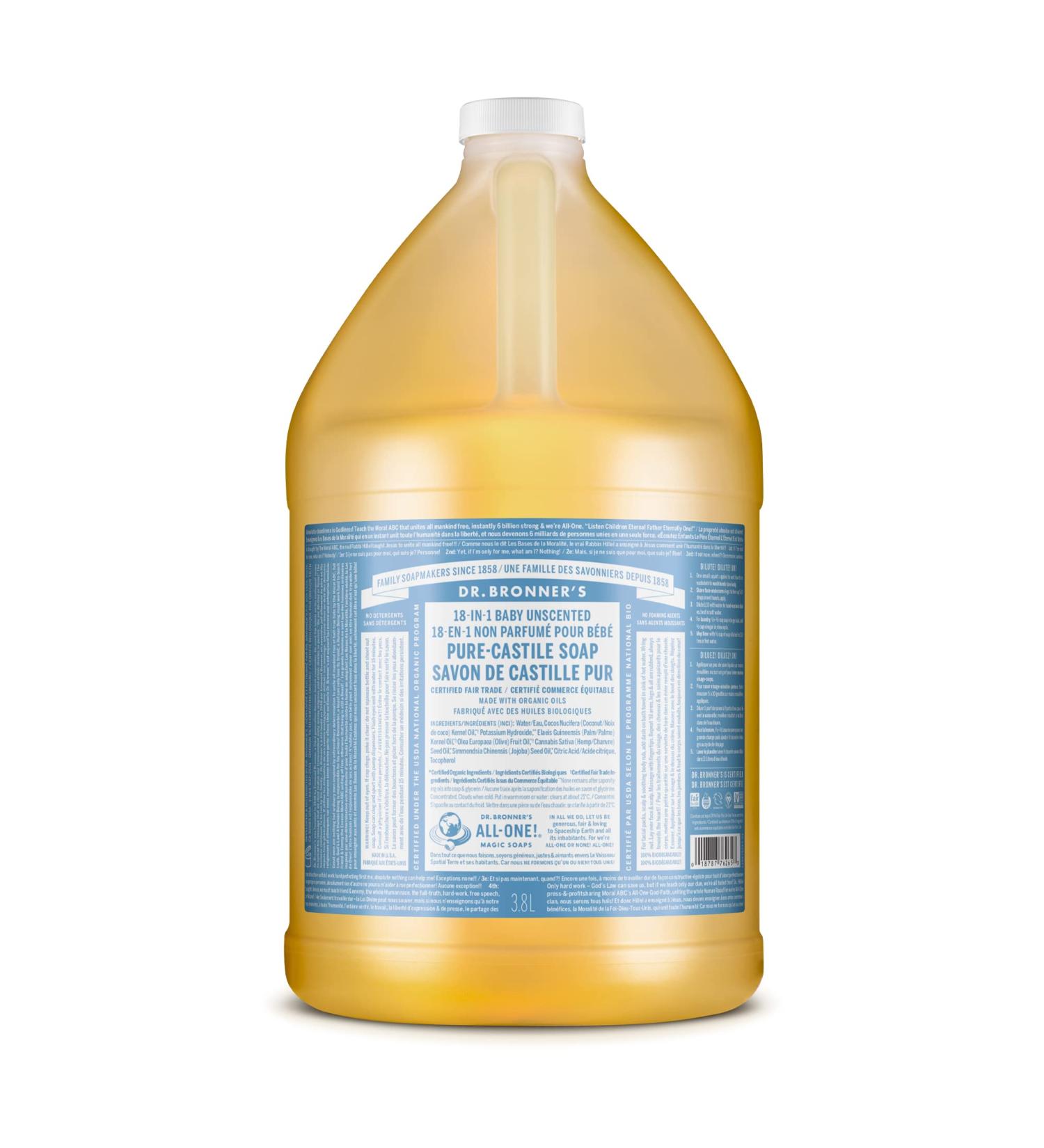 Dr. Bronners Baby Unscented Liquid Soap 1 Gallon - Organic 18-in-1 Soap for Face, Hair, Laundry & Dishes - Sensitive Skin & Babies - Vegan Formula - 128 Fl Oz - Buy Online on GoSupps.com