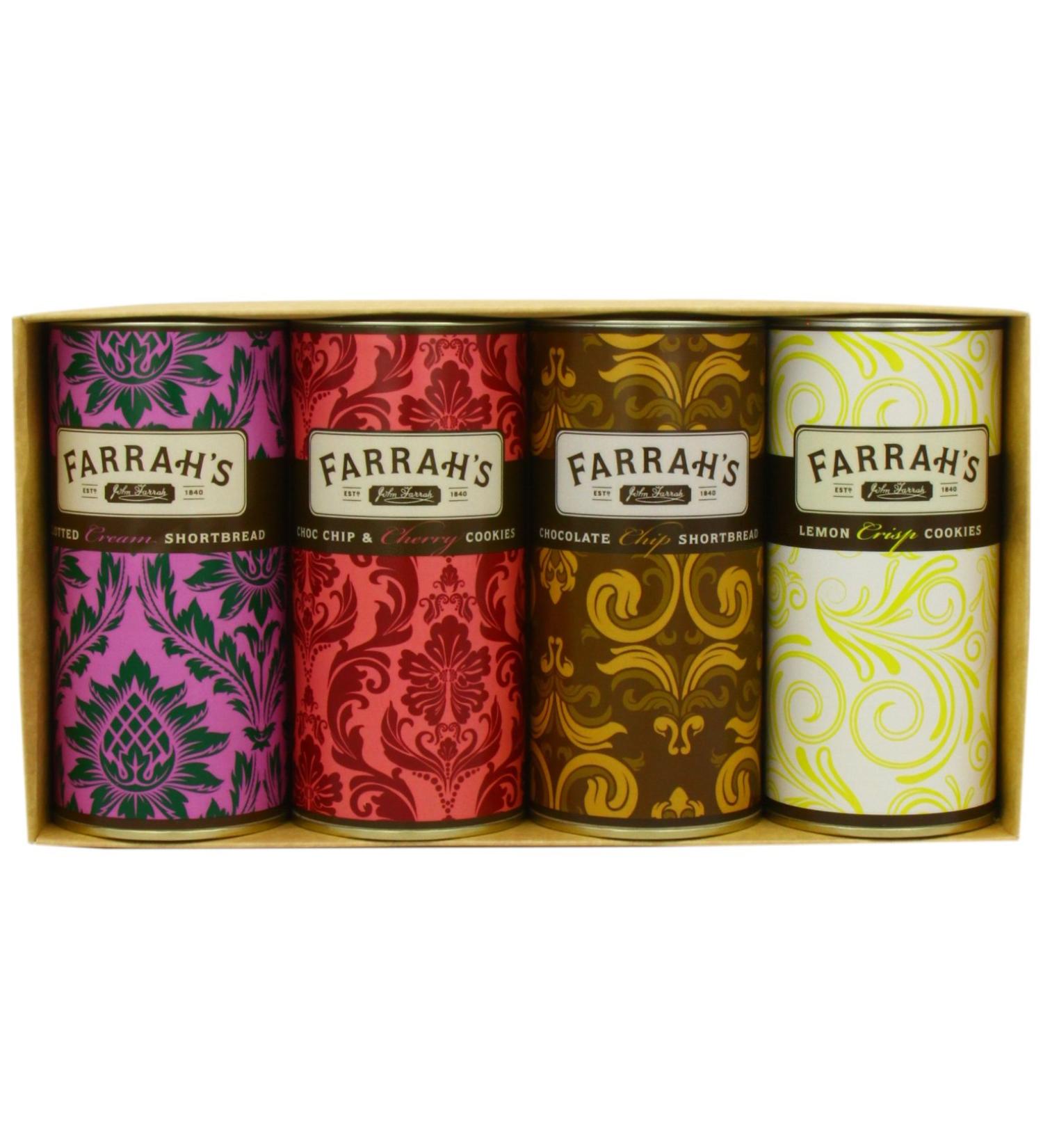 Farrah's of Harrogate | Four Drum Biscuit Selection | 1 x Clotted Cream Shortbread 1 x Chocolate Chip & Cherry Cookies 1 x Chocolate Chip Shortbread & 1 x Lemon Crisp Cookies | 4 x 160g - Buy Online on GoSupps.com