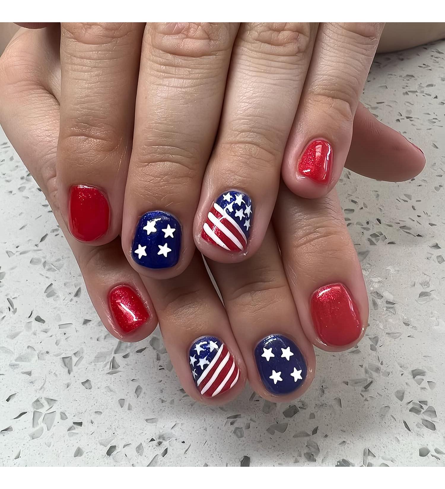 4th of July American Flag Press On Nails - Short Square Full Cover Glossy False Nails for Women and Girls - Buy Online on GoSupps.com
