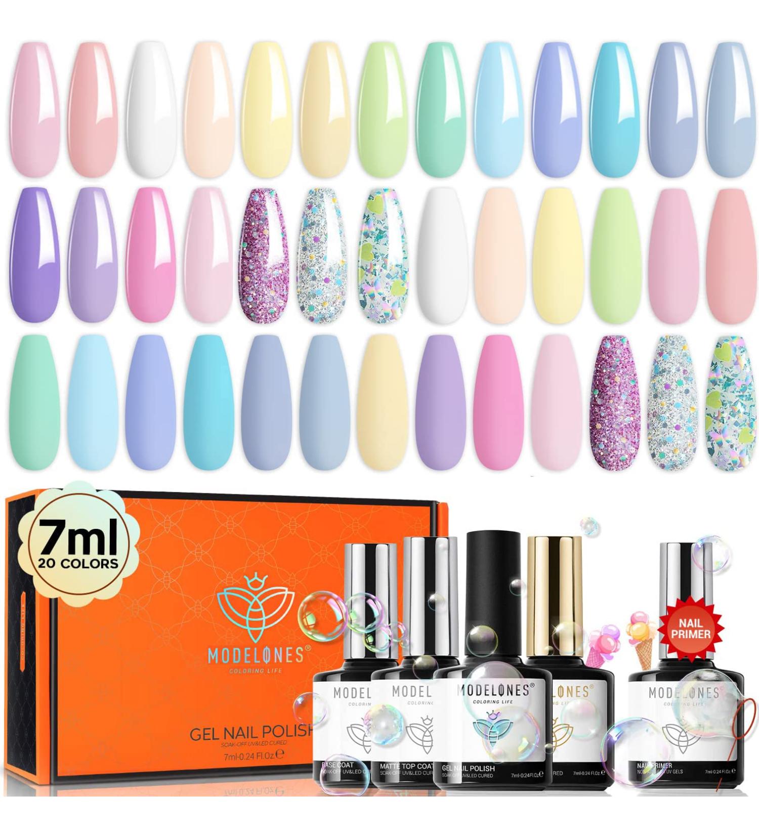 Modelones 24Pcs Pastel Gel Nail Polish Set 20 Colors Glitters Gel Polish Set with Glossy & Matte Top Base Coat and Bond Primer Macarons Nail Gel Art Manicure Home DIY Gifts for Women - Buy Online on GoSupps.com