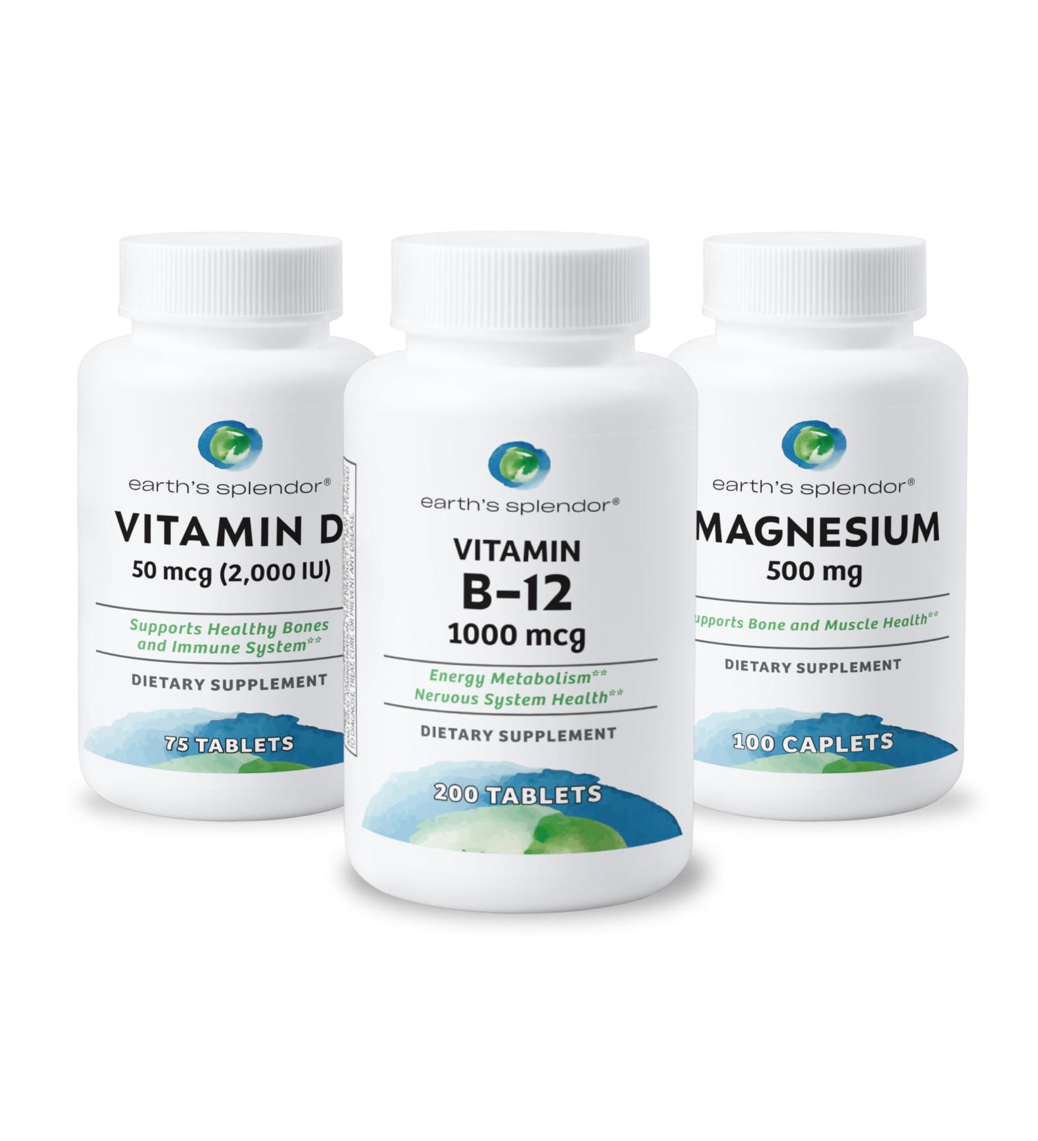 Earth's Splendor Energy & Health: Vitamin B12 (200 Tablets) Magnesium for Bone & Muscle Support (100 Caplets) Vitamin D3 2 000 IU (75 Capsules) No Artificial Additives Gluten & Wheat Free - Buy Online on GoSupps.com