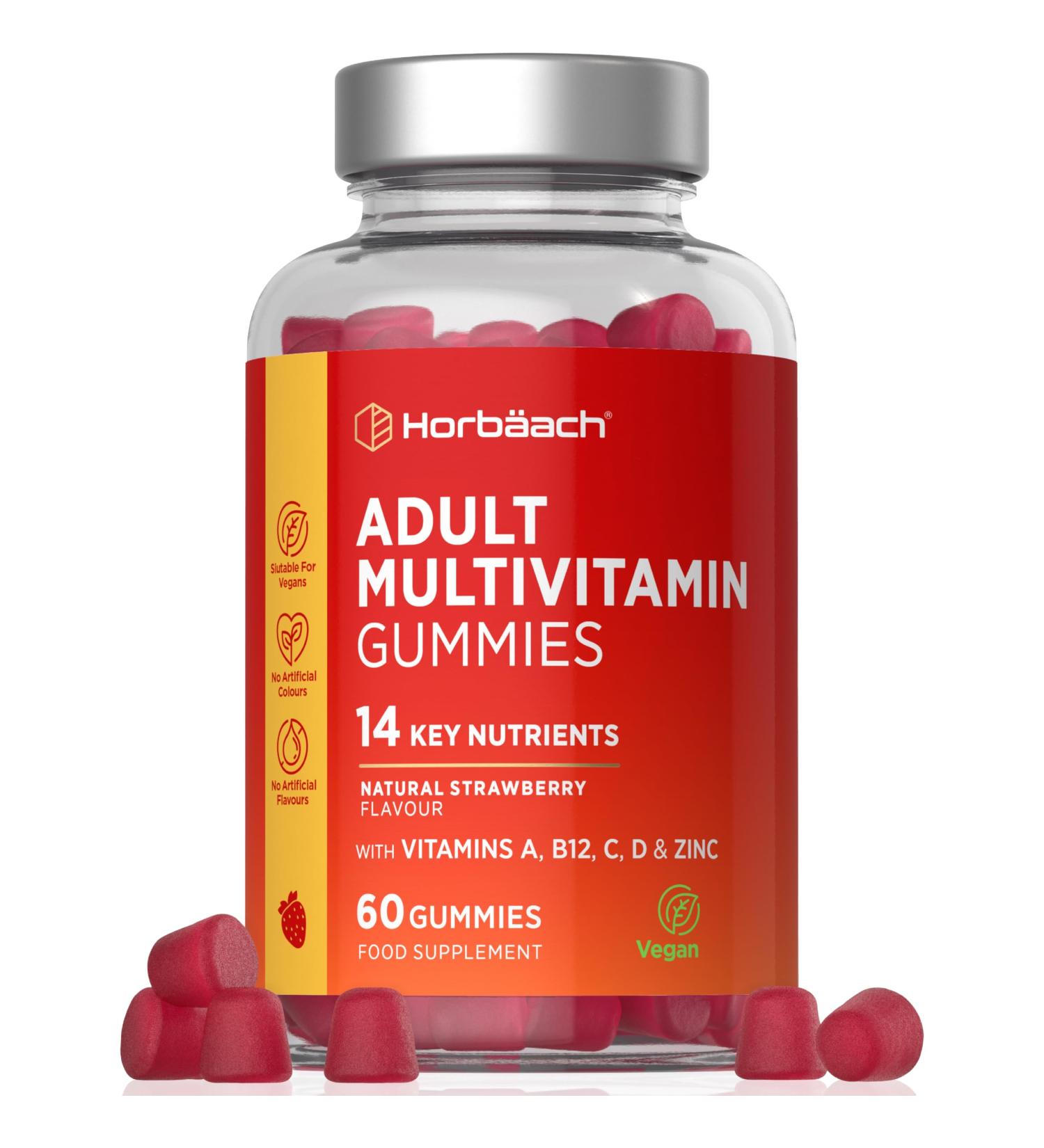 Horbaach Multivitamin Gummies with 14 essential Vitamins and Minerals contains vitamins A C D B12 and more for Men and Women Strawberry flavor Horbach - Buy Online on GoSupps.com