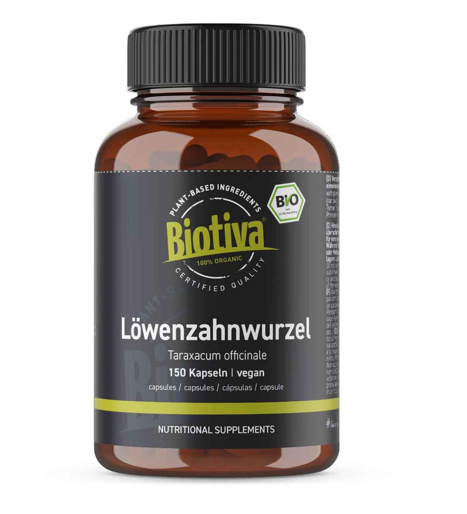 Organic Dandelion Root Capsules 150 Vegetarian Capsules - 450mg Dandelion Root Powder per Capsule - Made and Controlled in Germany - 100% Vegan- Biotiva - Buy Online on GoSupps.com