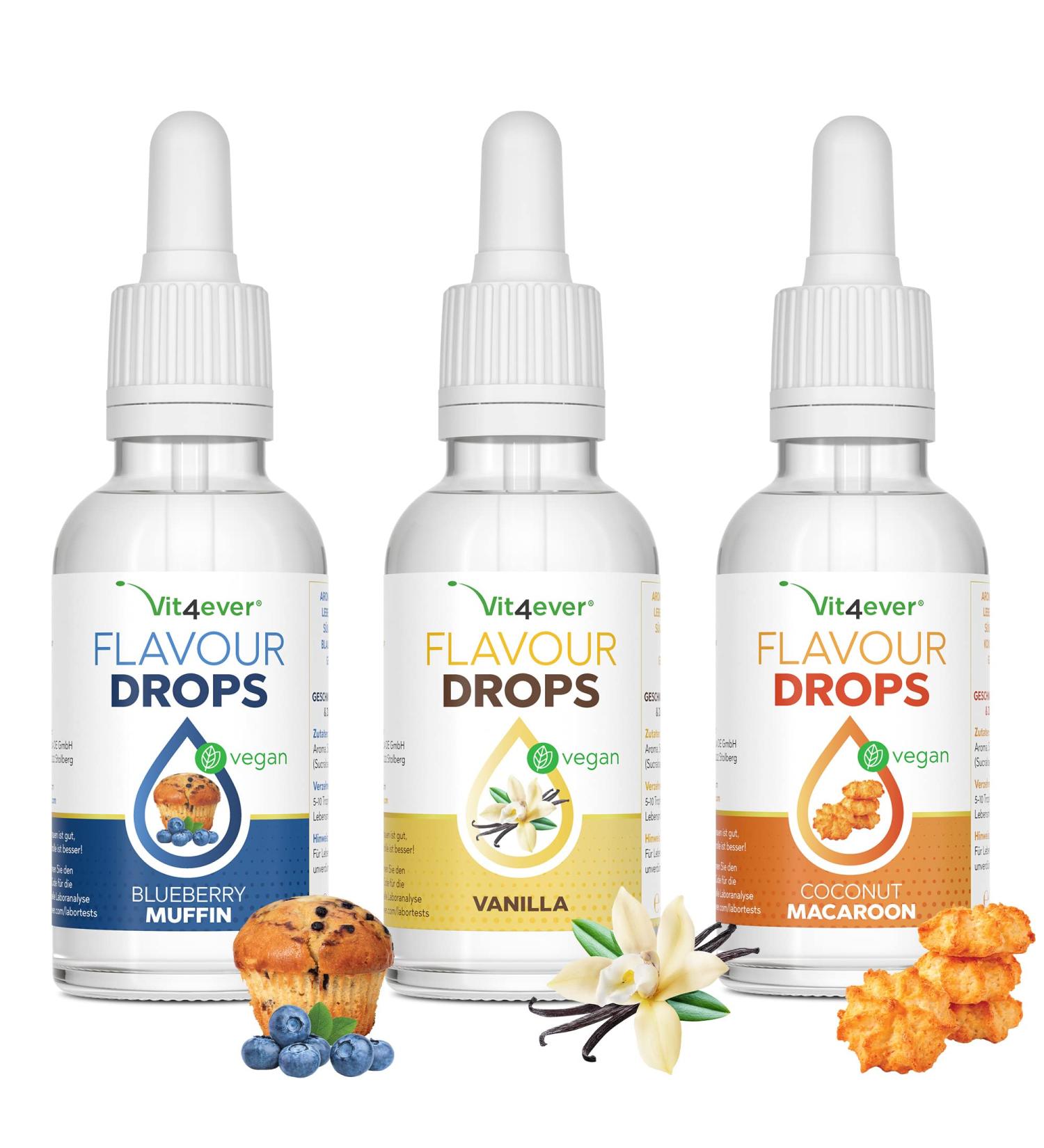 Buy Flavor Drops 3x50ml Bundle - Sweet Breakfast 2 - Zero Calorie Blueberry Muffin Vanilla & Coconut Macaroon - International Shipping Available - Buy Online on GoSupps.com