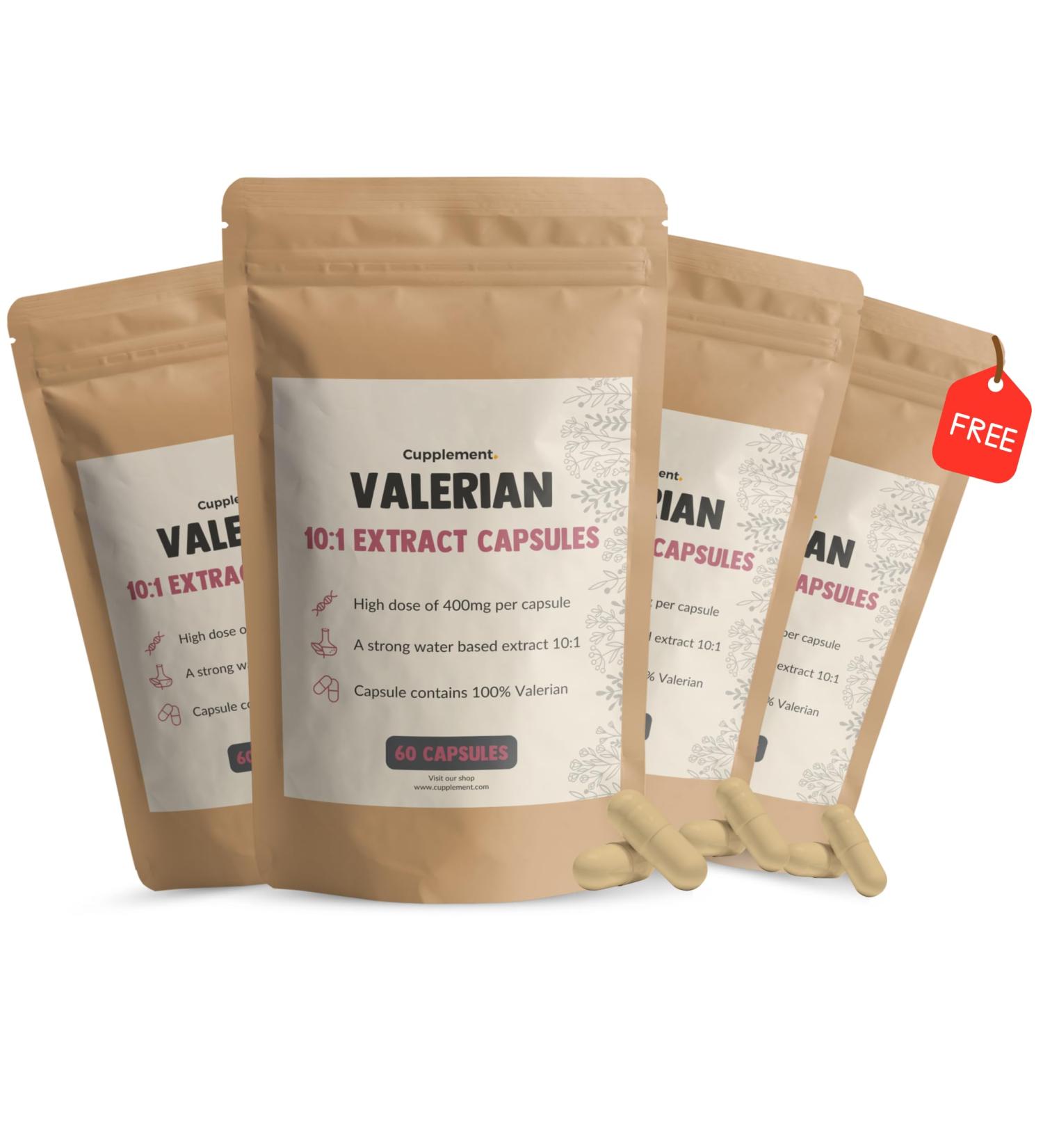 Cupplement - 4 sachets of Valerian 60 Capsules - Free Pill Box - Extract 10:1 - 400MG - Powder Free 125 500 Tea or Drops - Tablets - Supplement - Superfoods - Valerian Root - - Buy Online on GoSupps.com