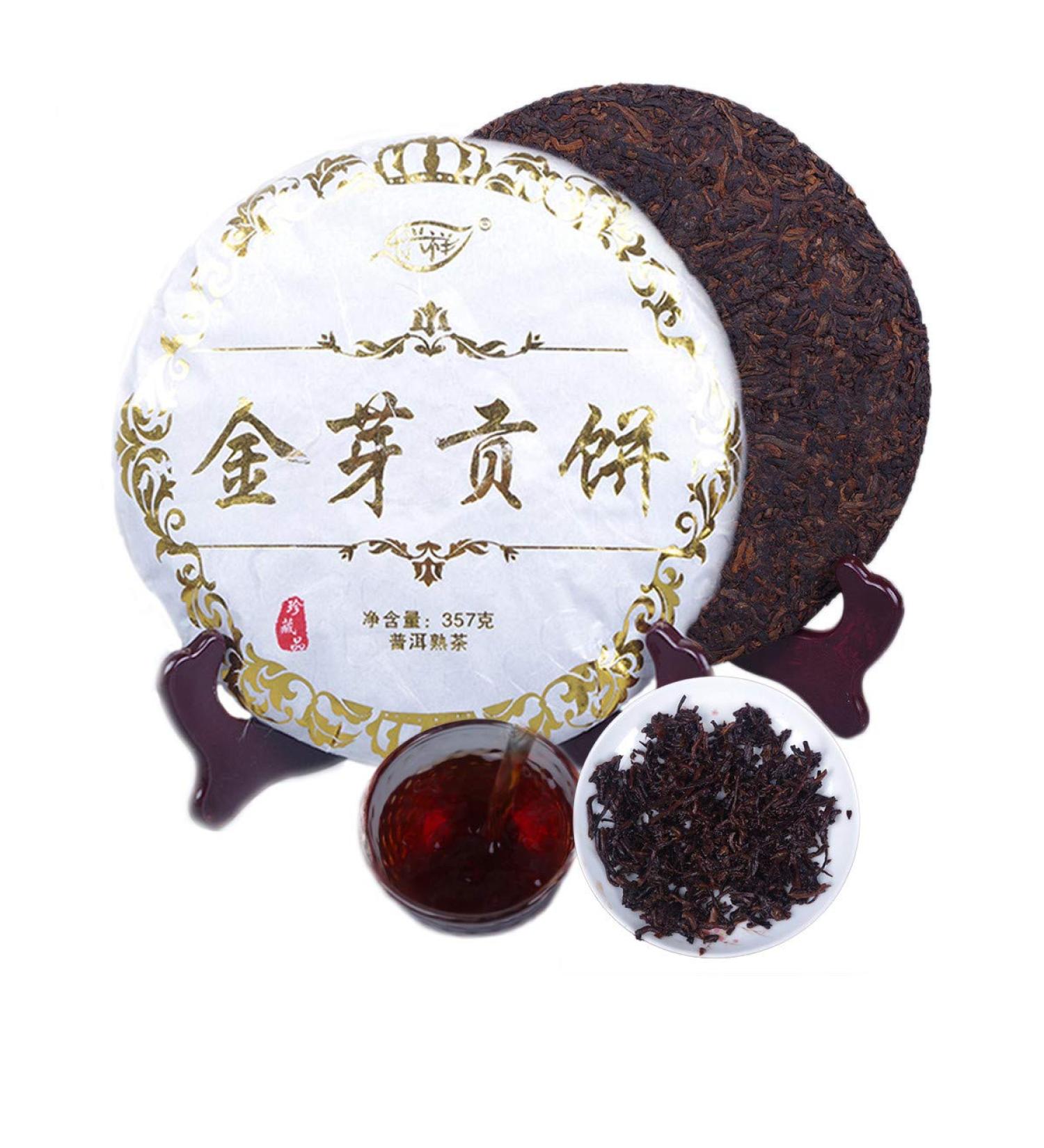 357g Riper Pu'er Tea - Yunnan Golden Bud Tribute Cake | Authentic Chinese Black & Green Tea - Healthy Puerh Tea - Buy Online on GoSupps.com