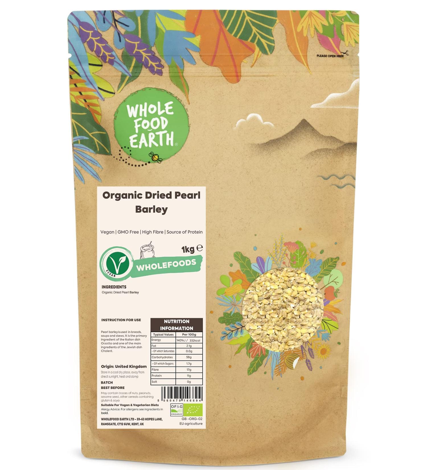 Wholefood Earth Organic Dried Pearl Barley 1kg - Vegan, GMO Free, High Fibre, Protein Source | Certified Organic - Buy Online on GoSupps.com