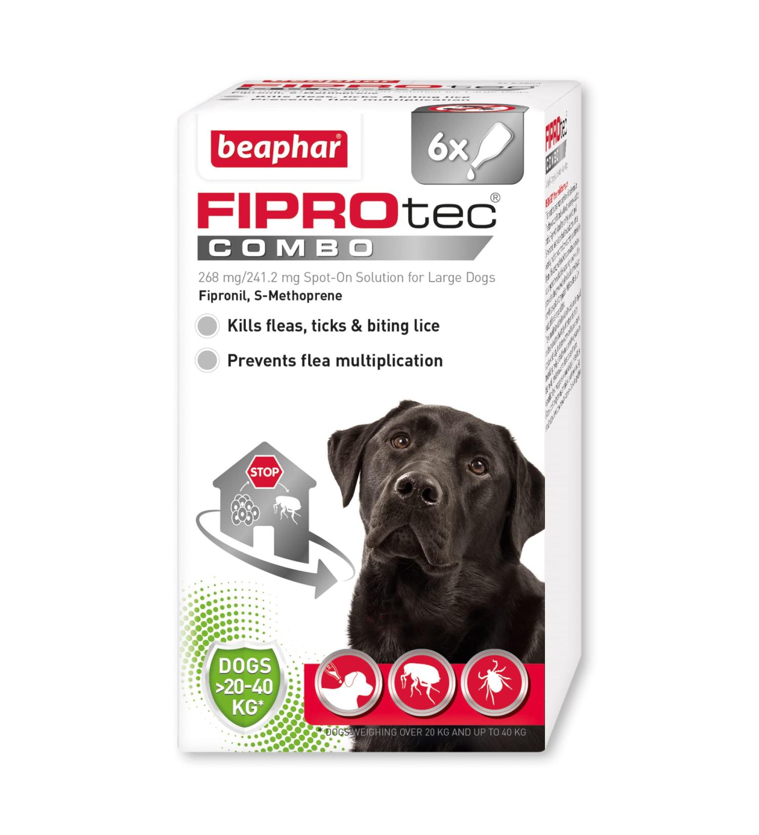 Beaphar FIPROtec Combo for Large Dogs (20-40kg) - Kills Fleas, Eggs, Ticks - Vet Strength Treatment | 6 Pipettes - Buy Online on GoSupps.com