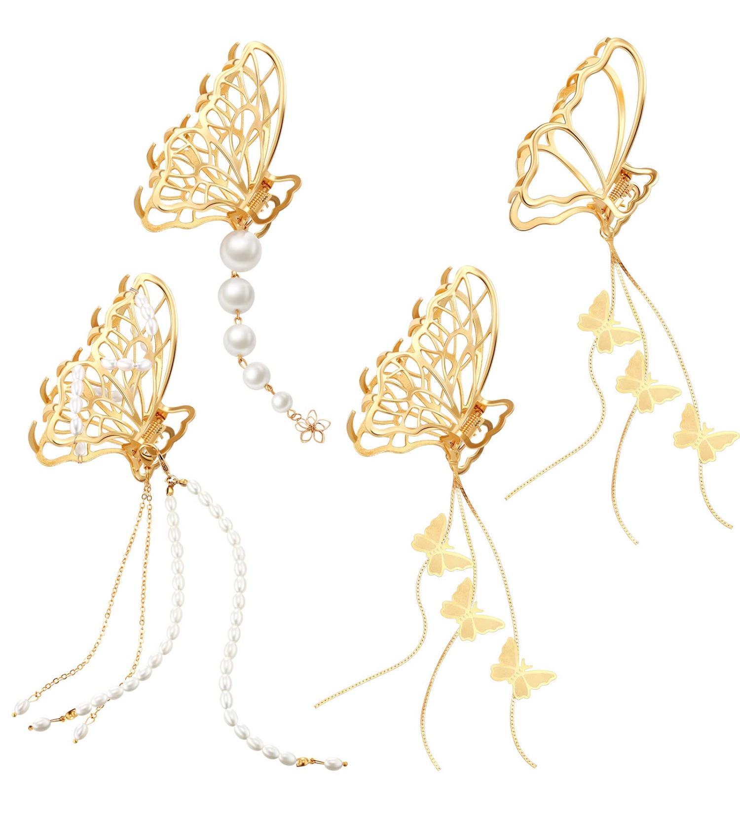 Gold Butterfly Hair Clips - Set of 4 | Metal Claw Clips for Women & Girls | Nonslip Tassel Design | Hair Accessories for Thick & Thin Hair - Buy Online on GoSupps.com